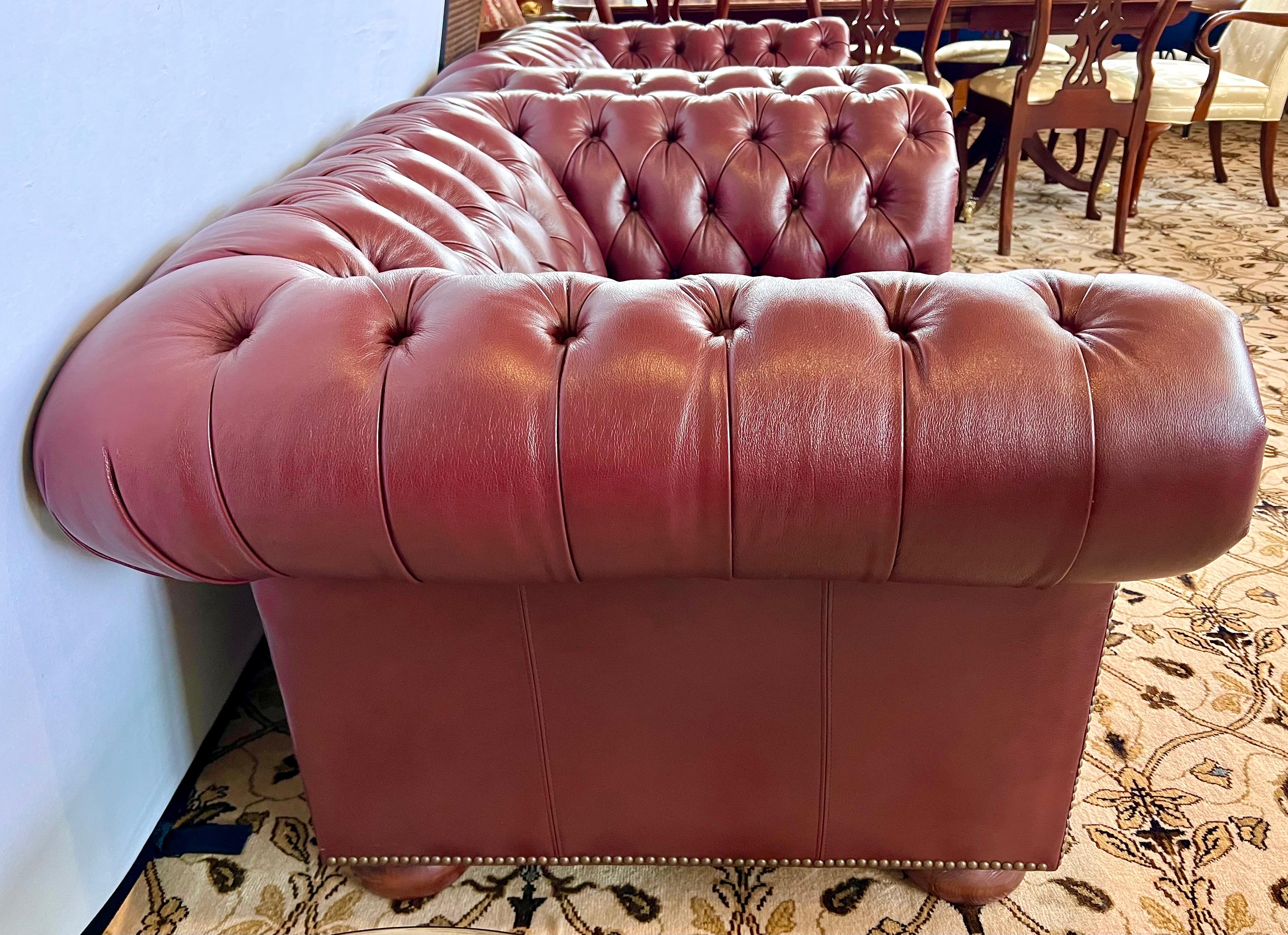Brass Pair of Large Burgundy Leather Chesterfield Tufted Club Reading Chairs