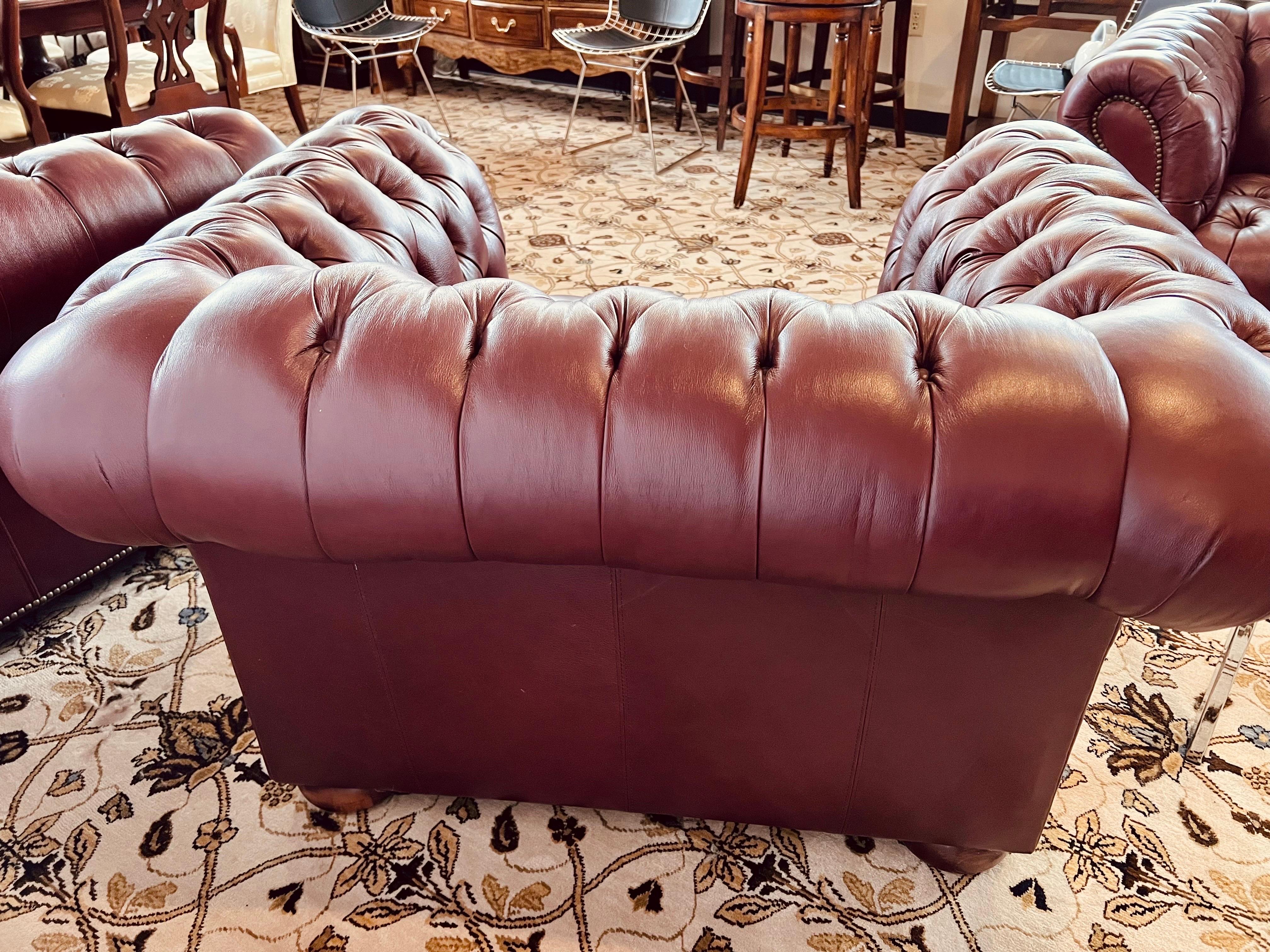 Pair of Large Burgundy Leather Chesterfield Tufted Club Reading Chairs 2