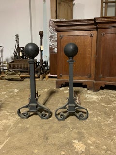 Pair of Large circa 1900 Iron Andirons, Ball Finials