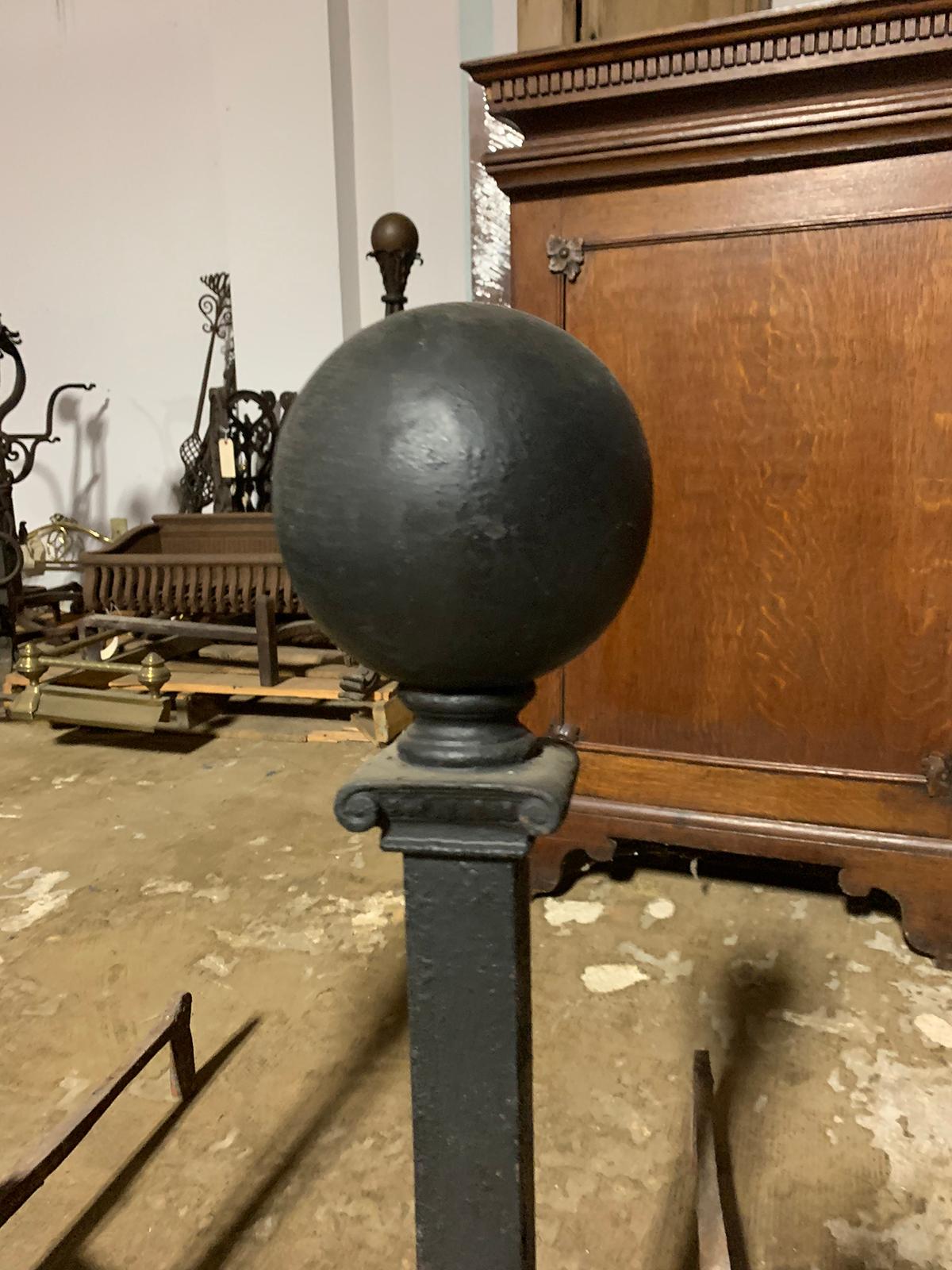 Pair of Large circa 1900 Iron Andirons, Ball Finials In Good Condition In Atlanta, GA