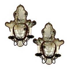 Antique Pair of Large Caldwell Chinoiserie Mirrored Sconces