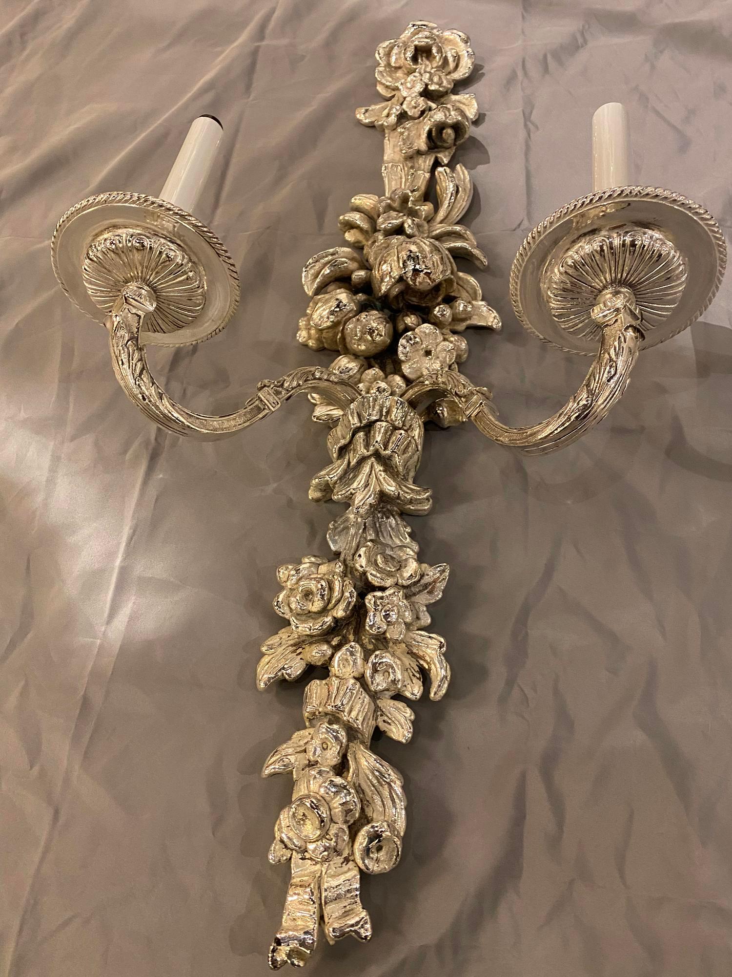 American Classical Pair of Large Caldwell Silver Plated Sconces, Circa 1900s