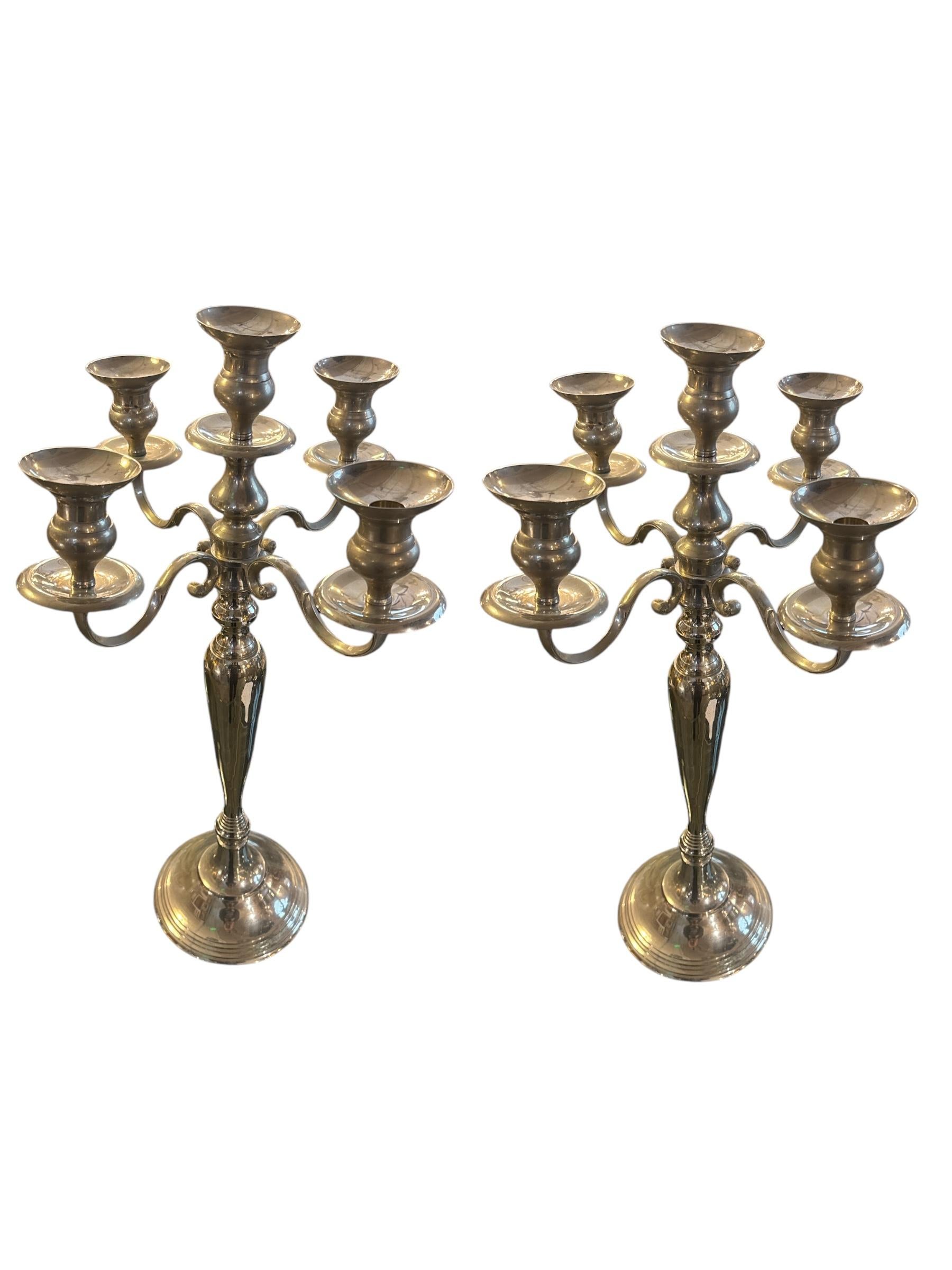 Cette paire de grands chandeliers apporte une élégance spectaculaire à tout décor. Conçus pour accueillir plusieurs bougies, ces grands candélabres aux détails complexes ajoutent une touche sophistiquée aux tables à manger, aux manteaux de cheminée