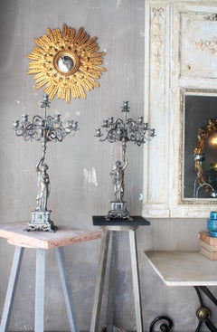 Pair of Eleven-Light Silvered Bronze Large Figural Candelabra