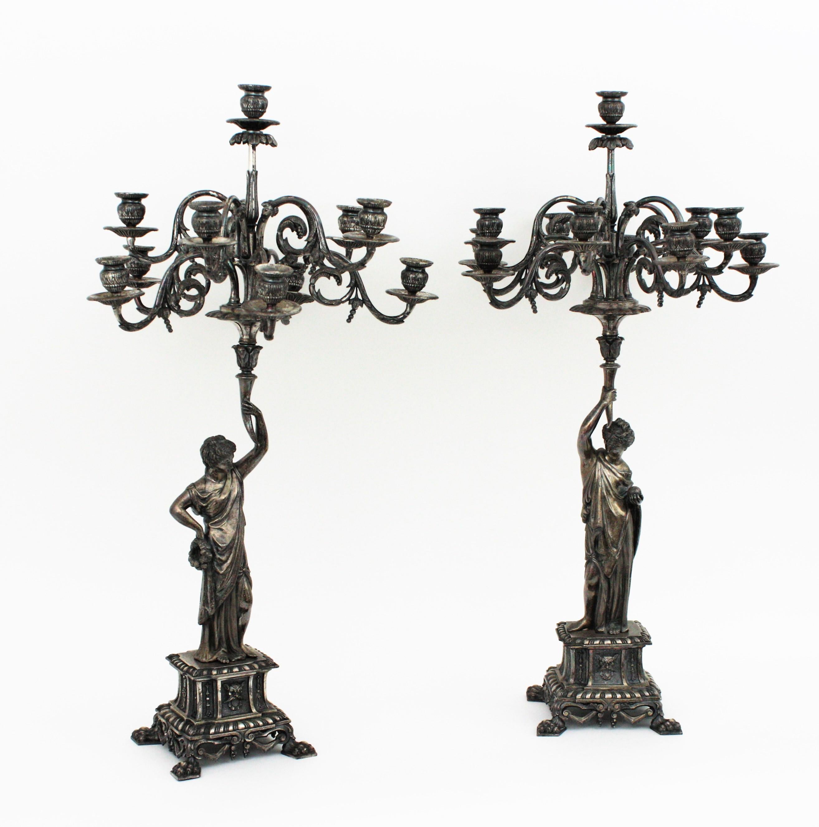 Neoclassical Pair of Eleven-Light Silvered Bronze Large Figural Candelabra For Sale