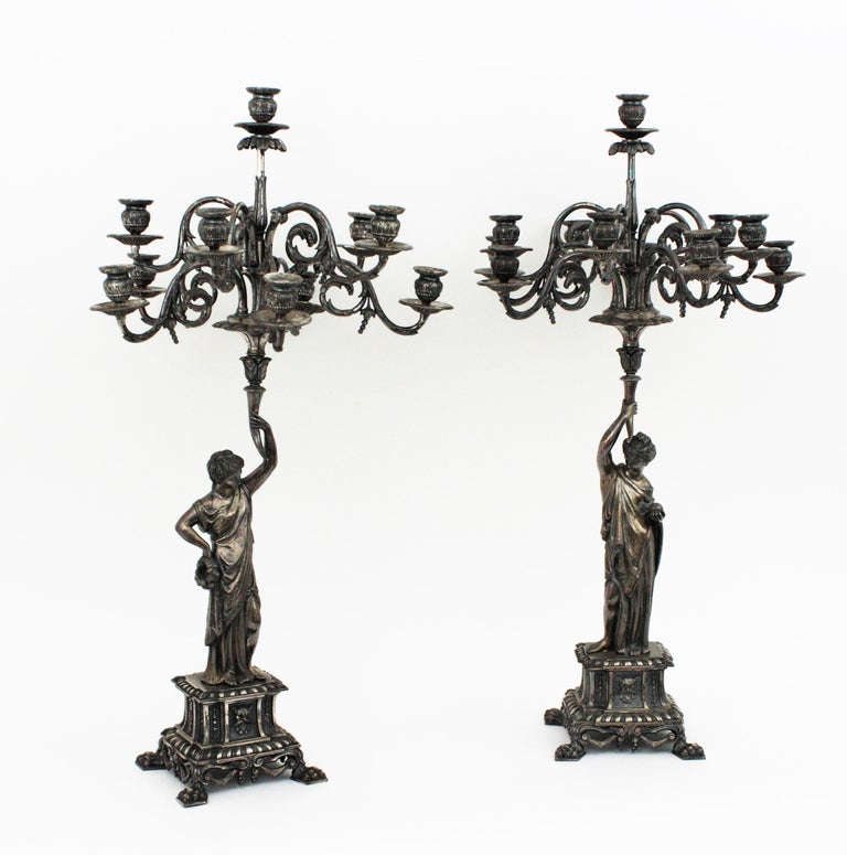 Pair of Large Candelabra in Silvered Bronze For Sale at 1stDibs