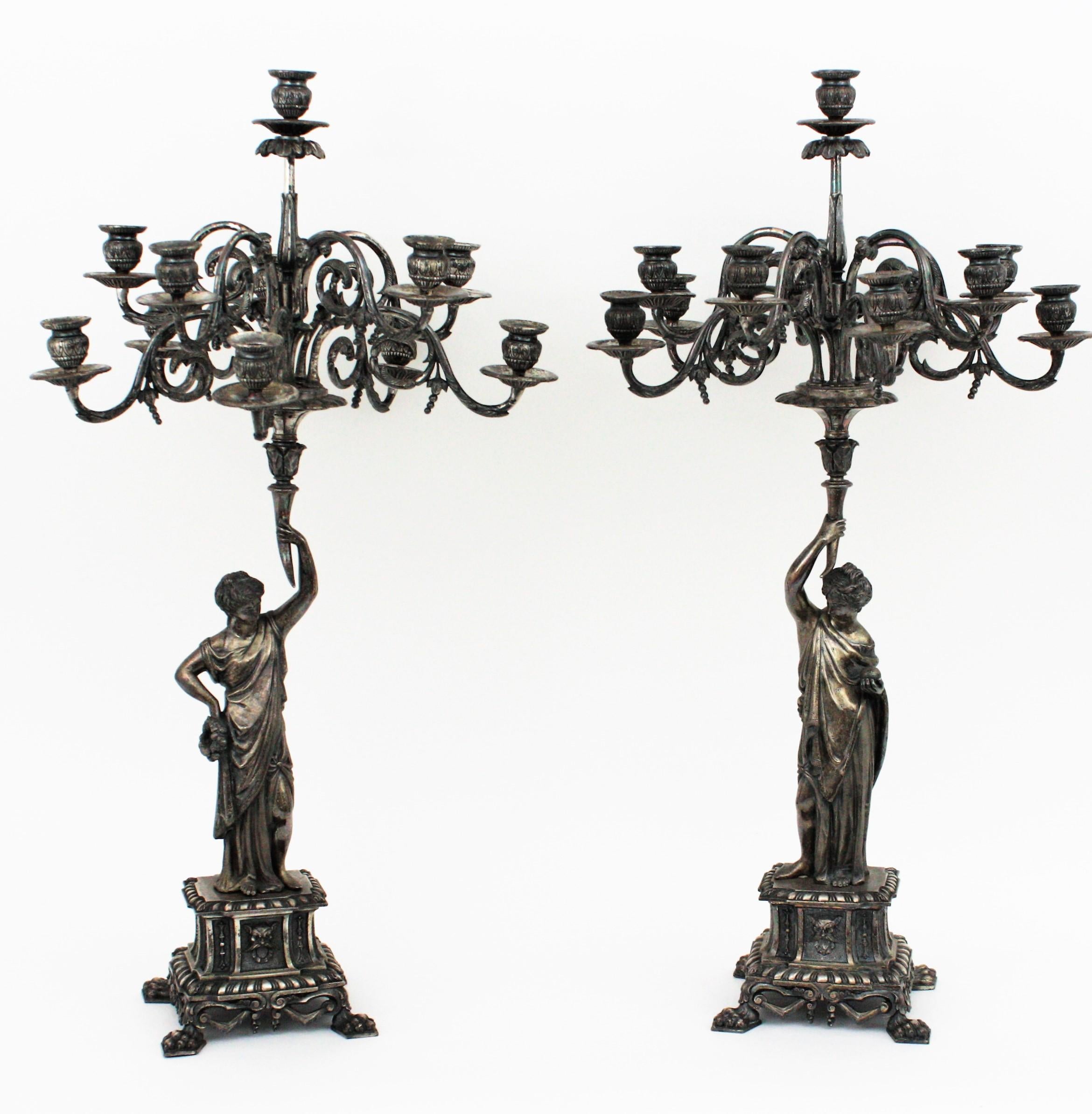 Pair of Large Candelabra in Silvered Bronze In Good Condition For Sale In Barcelona, ES