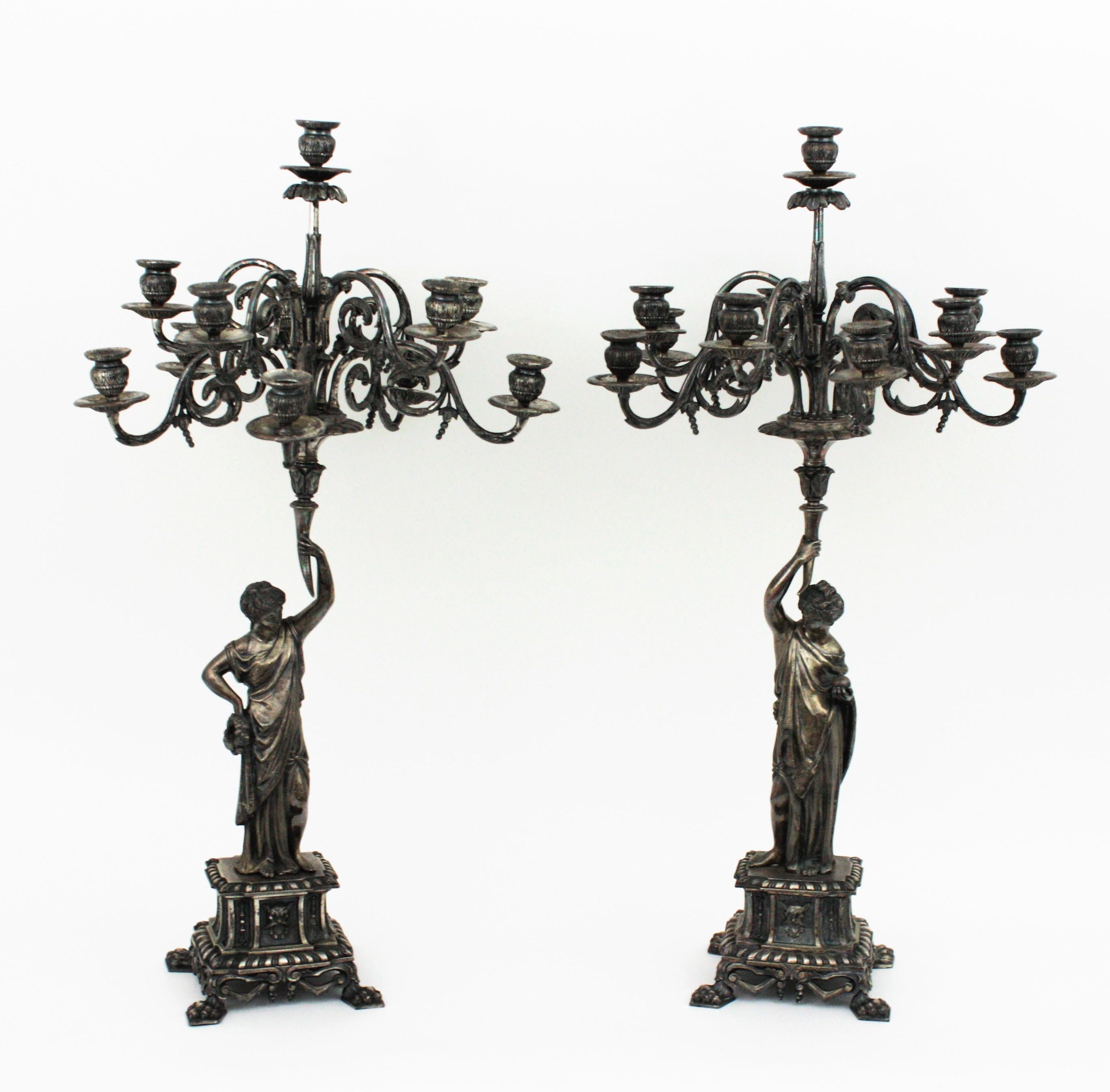19th Century Pair of Eleven-Light Silvered Bronze Large Figural Candelabra For Sale