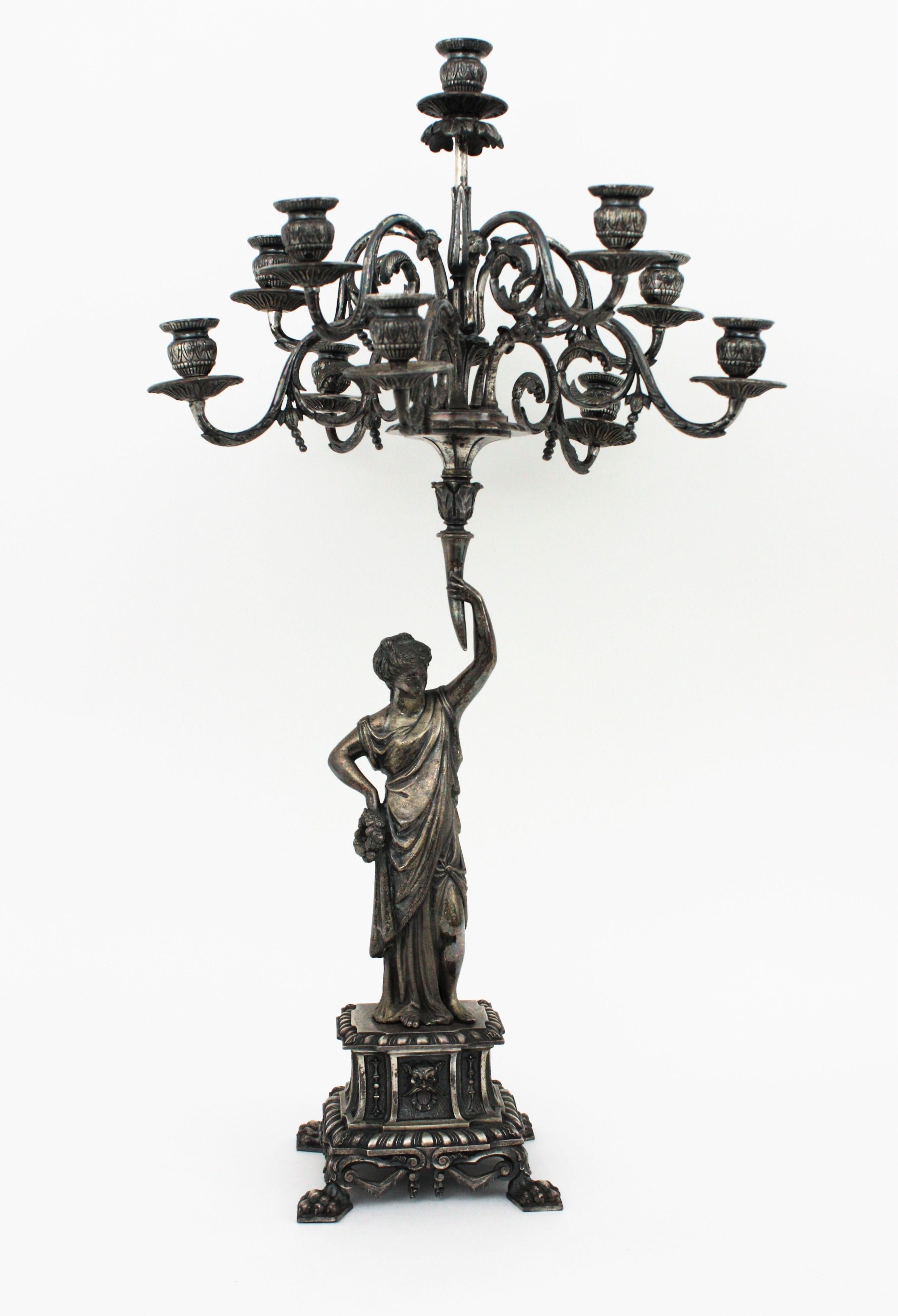 Pair of Eleven-Light Silvered Bronze Large Figural Candelabra For Sale 2