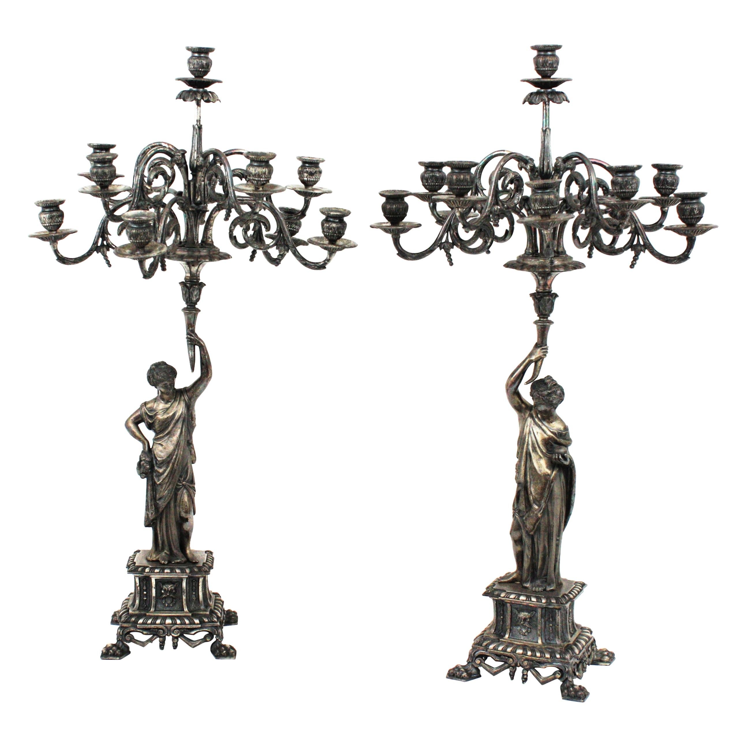 Pair of Large Candelabra in Silvered Bronze