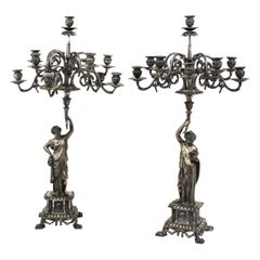 Pair of Large Candelabra in Silvered Bronze