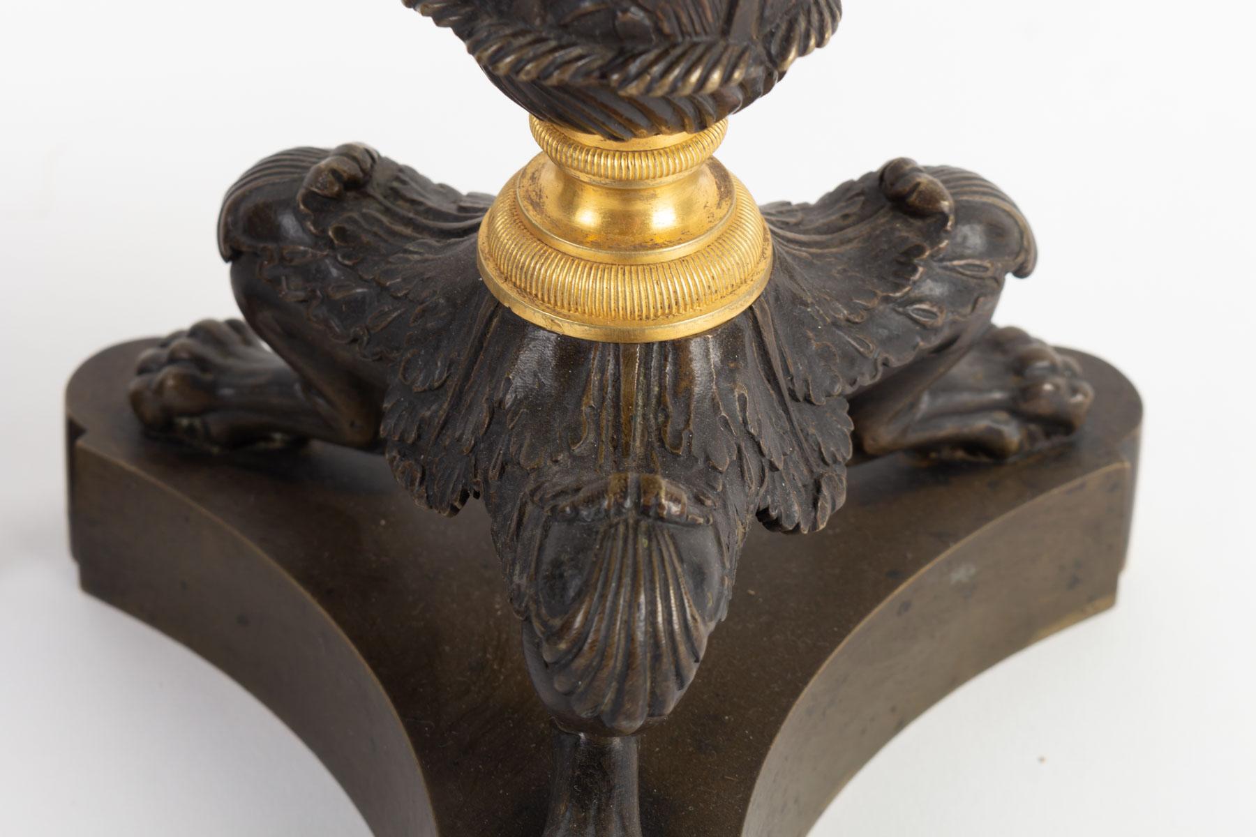Pair of large candleholders in bronze with an antique black Patina. Details in gilded bronze. Restoratione Period, 1820s-1830s.
Measures: H 36 cm, D 15 cm.