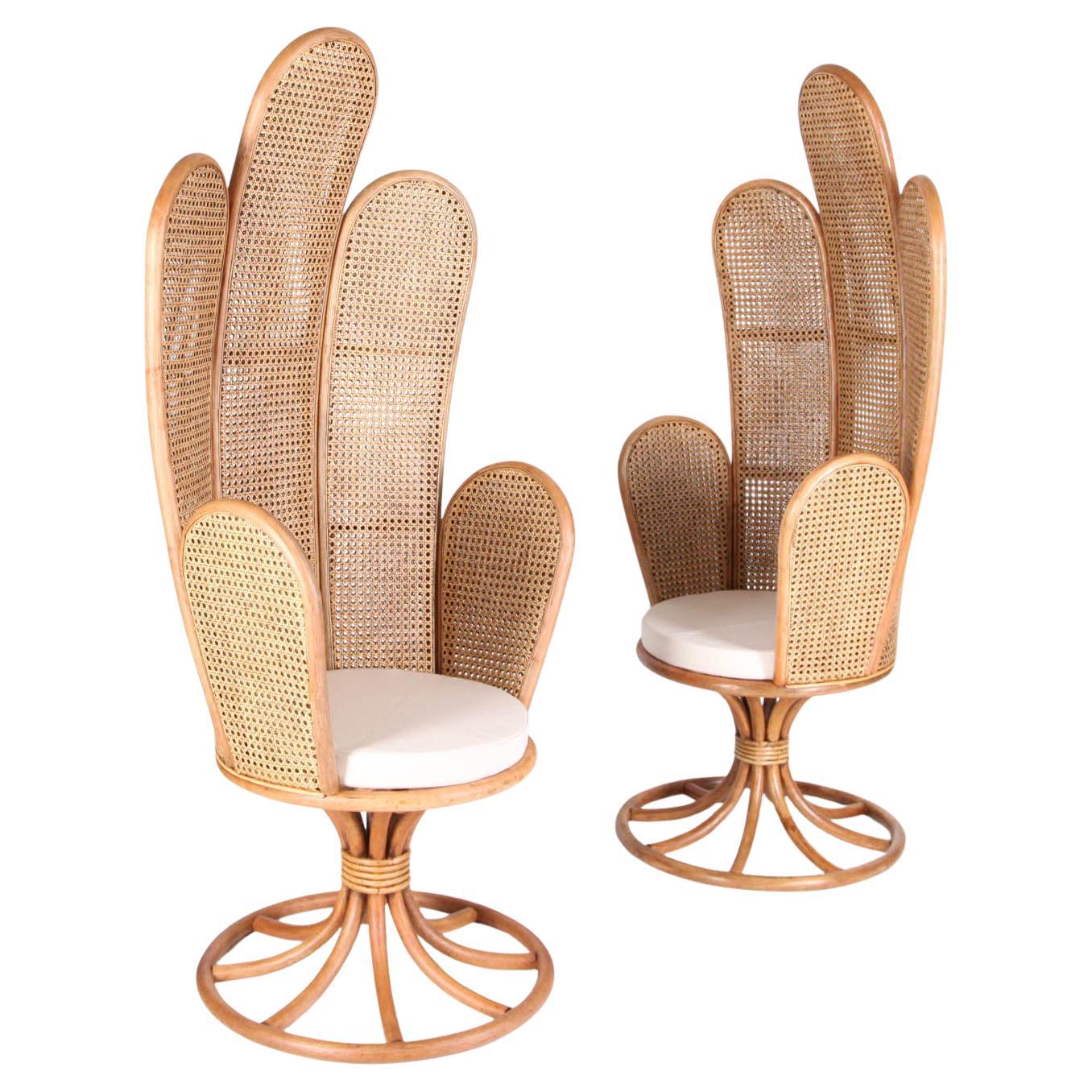 Large Pair of Rattan Chairs with Upholstered Linen Cushions at 1stDibs
