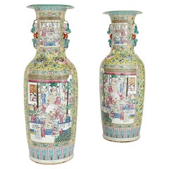 Vintage Pair of Large Canton Style Chinese Porcelain Vases