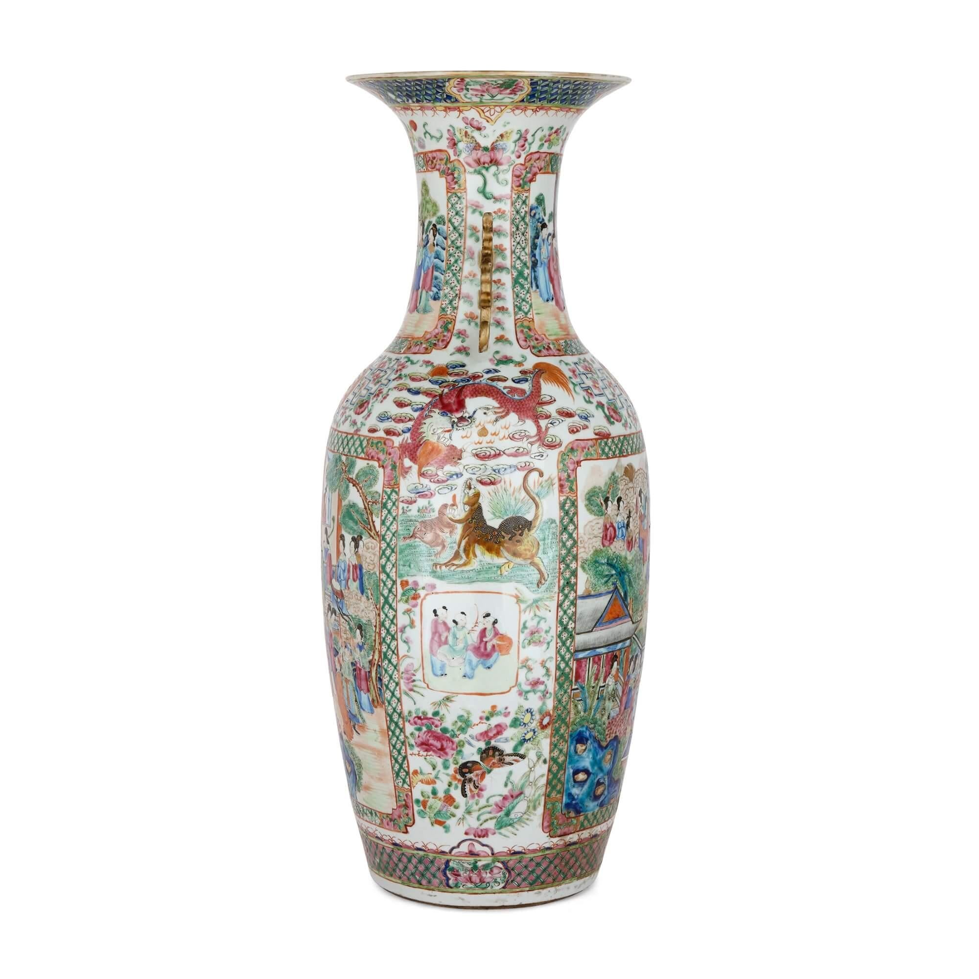 Qing Pair of Large Canton Style Famille Rose Chinese Porcelain Vases For Sale