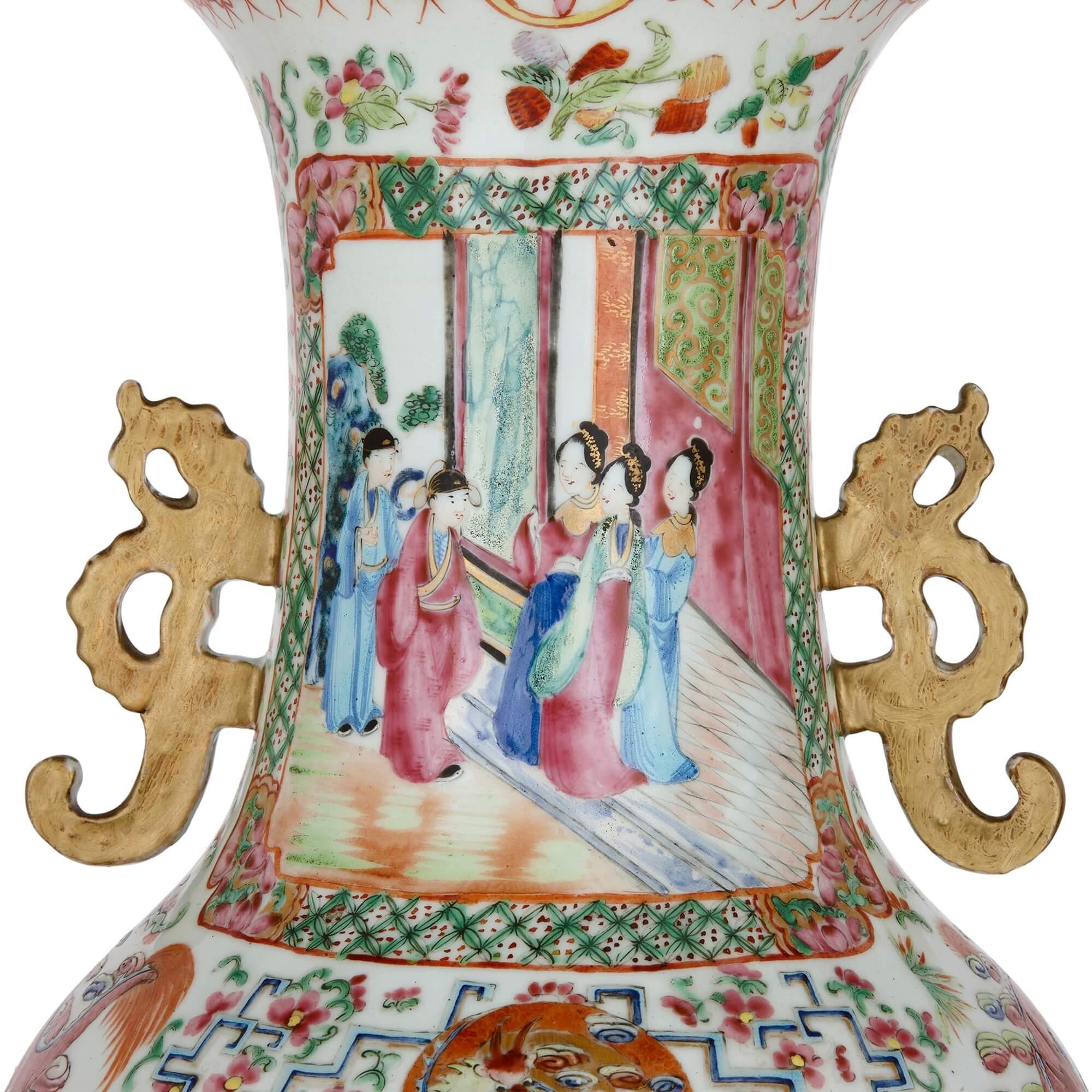 Painted Pair of Large Canton Style Famille Rose Chinese Porcelain Vases For Sale