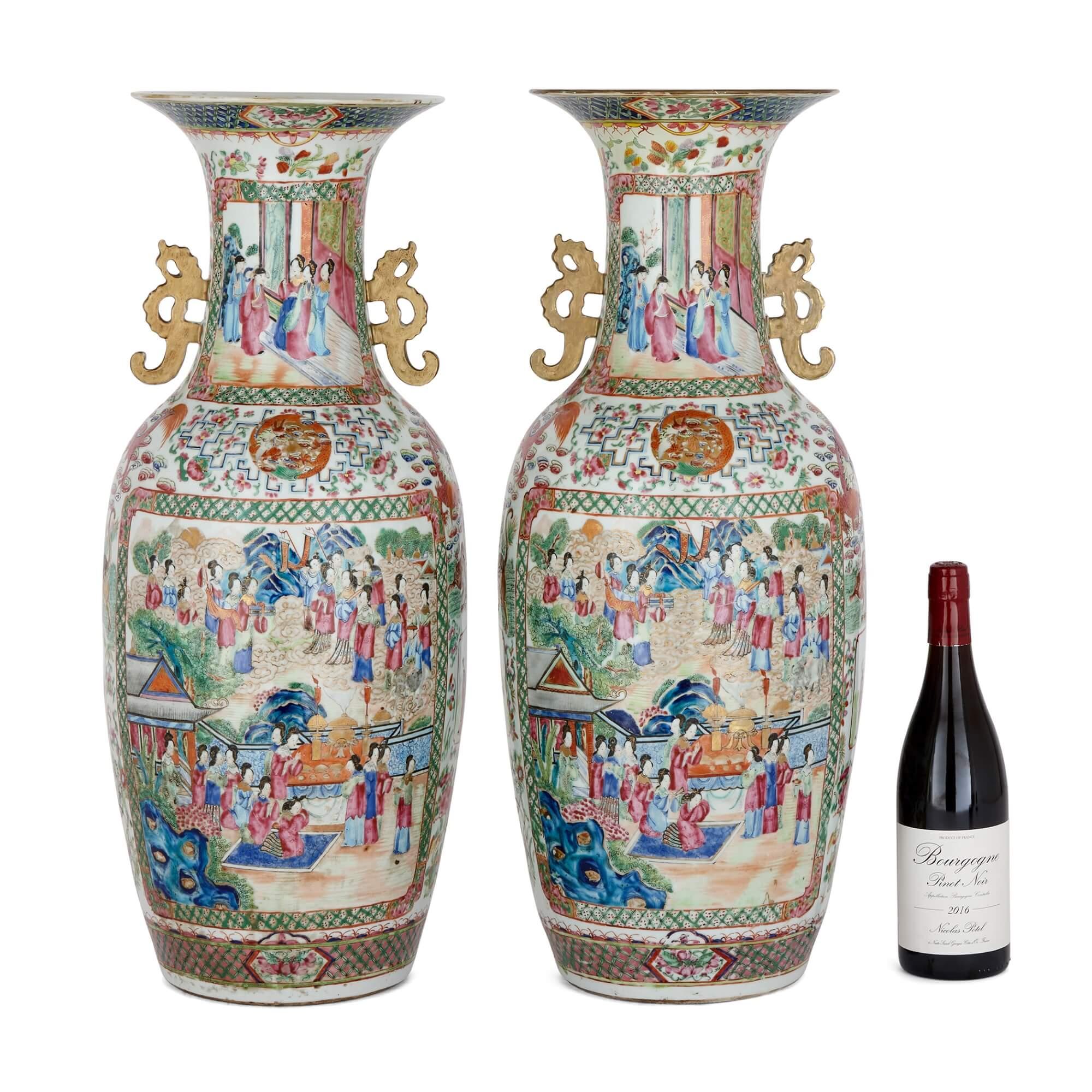 19th Century Pair of Large Canton Style Famille Rose Chinese Porcelain Vases For Sale