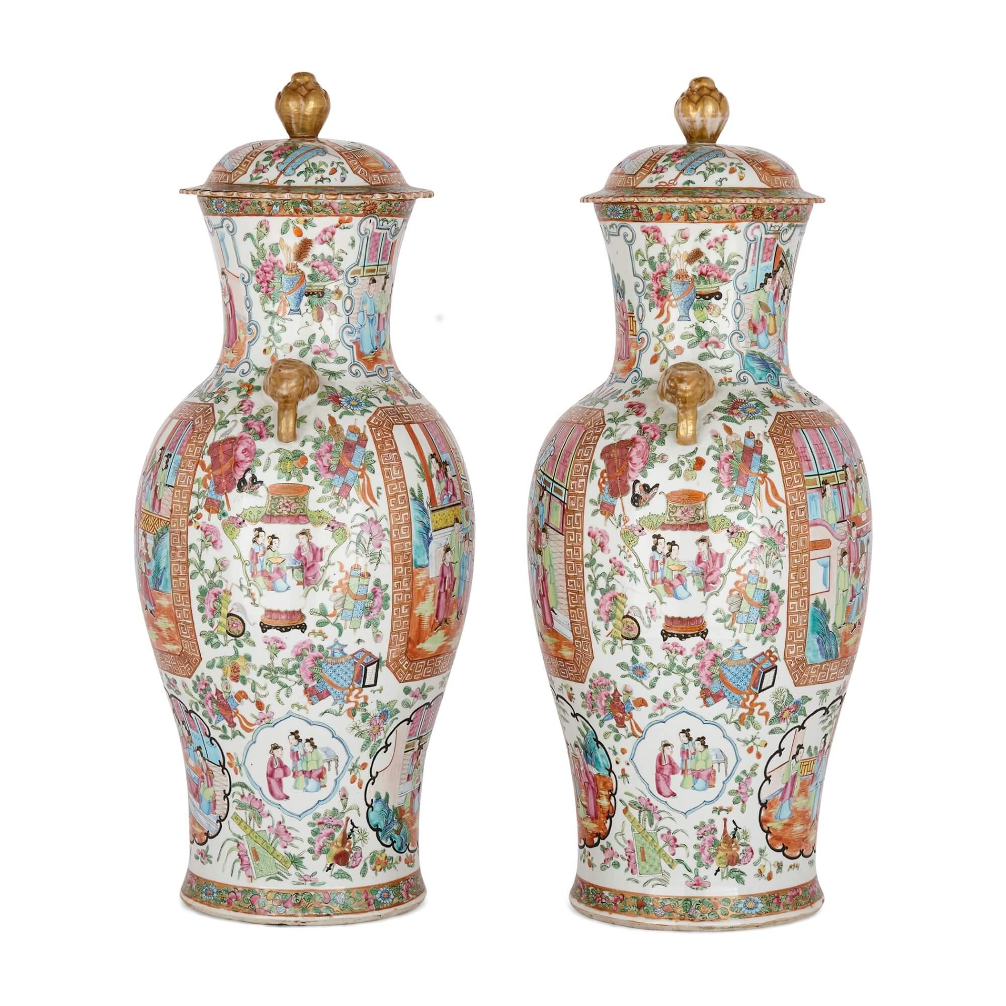 Qing Pair of Large Canton Style Famille Rose Porcelain Vases and Covers For Sale