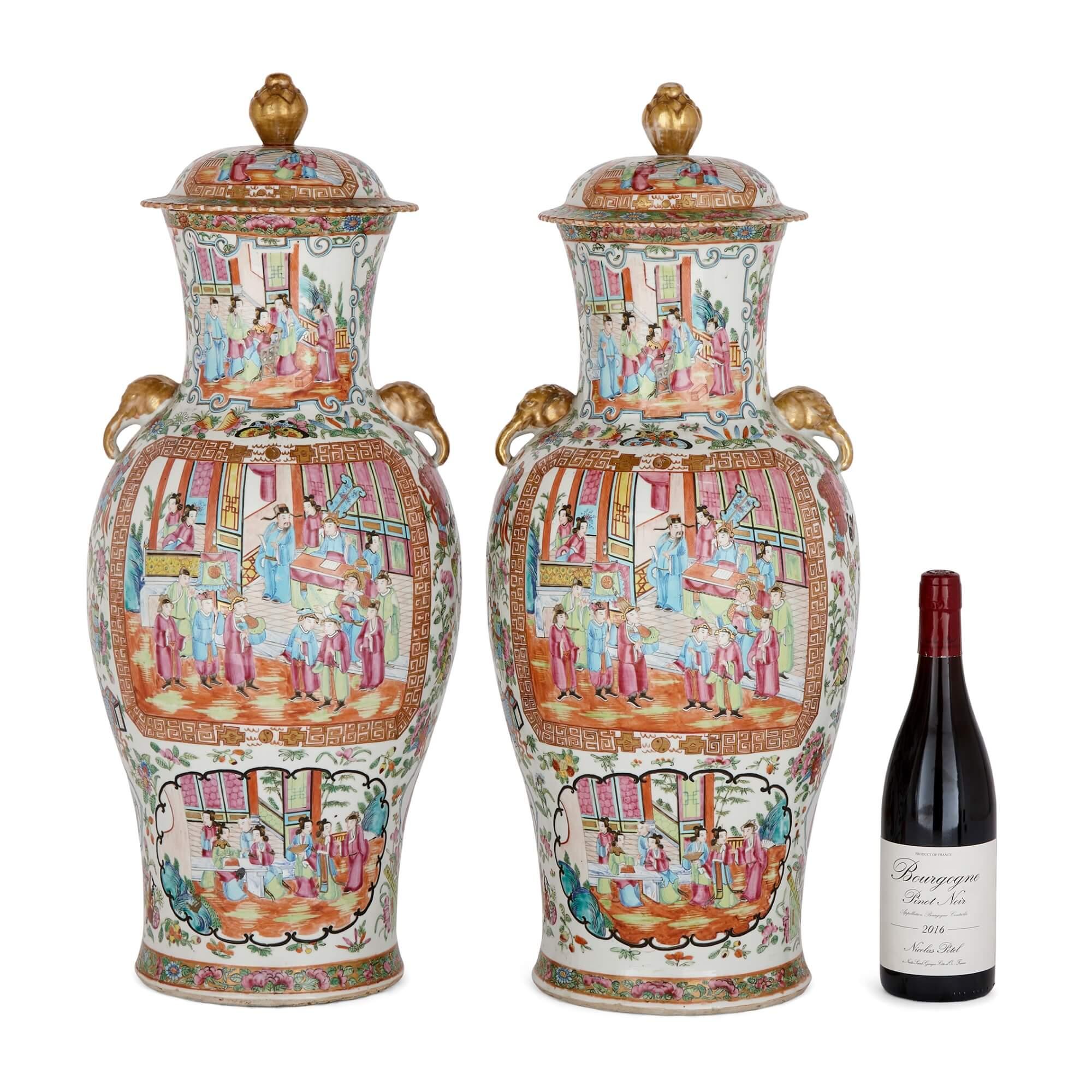 Pair of Large Canton Style Famille Rose Porcelain Vases and Covers In Good Condition For Sale In London, GB