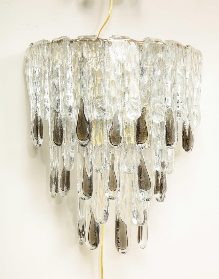 Mid-Century Modern Pair of Large Carlo Nason Clear and Smoked Mazzega Drip Glass Sconces For Sale