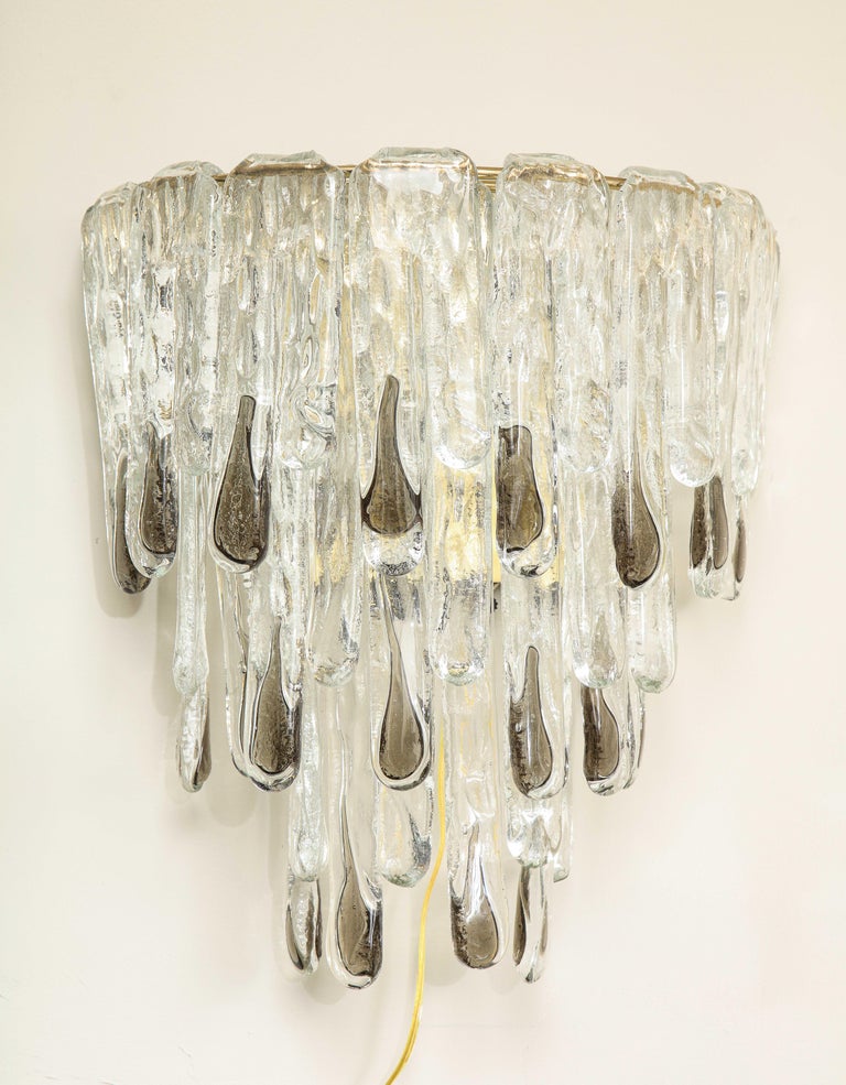 Italian Pair of Large Carlo Nason Clear and Smoked Mazzega Drip Glass Sconces For Sale