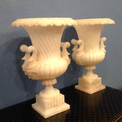 Pair of Large Carved Alabaster Urns