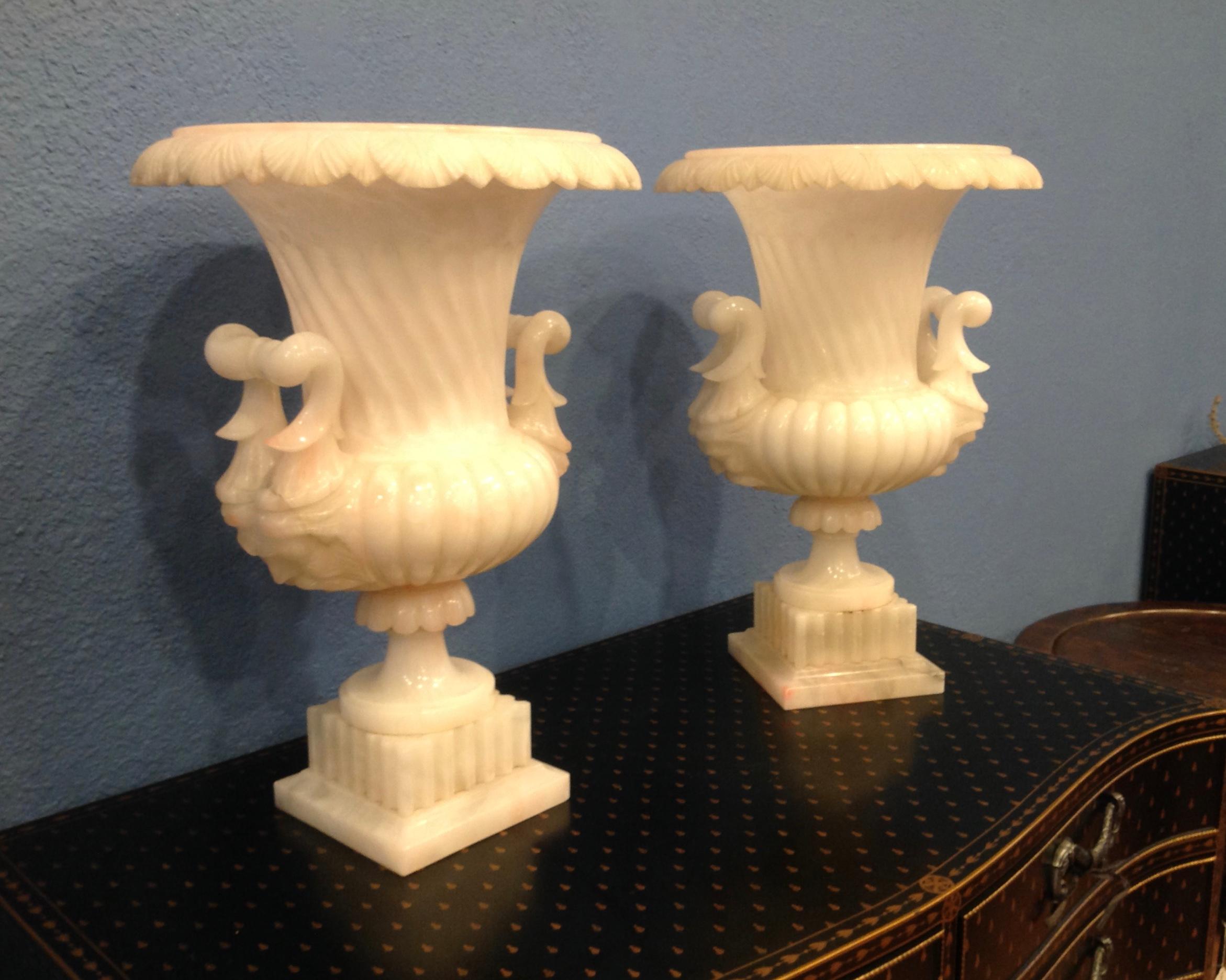 Neoclassical Pair of Large Carved Alabaster Urns