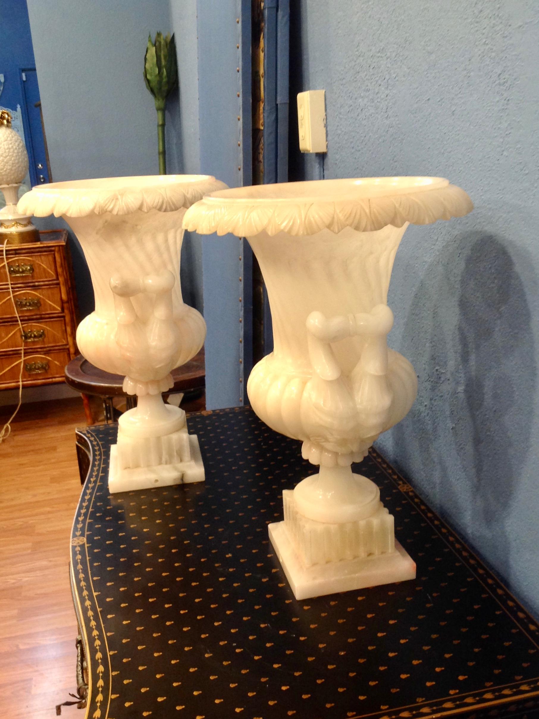 Italian Pair of Large Carved Alabaster Urns