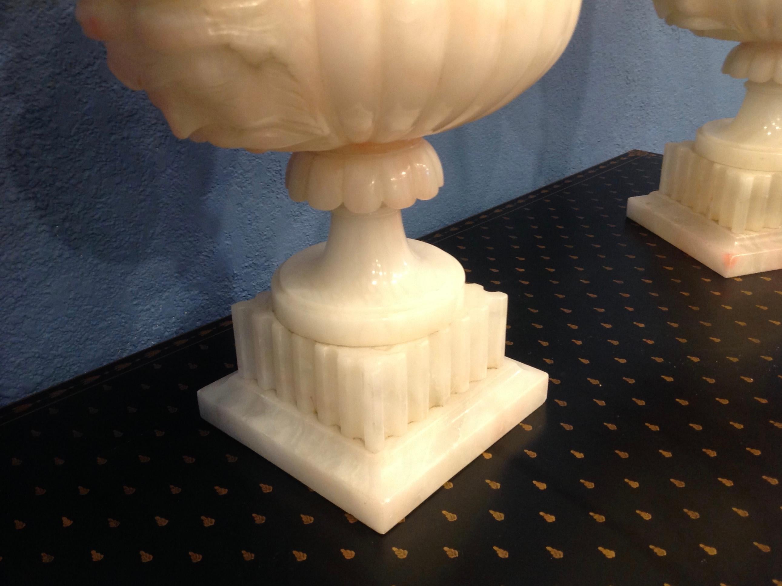 Pair of Large Carved Alabaster Urns In Good Condition In West Palm Beach, FL