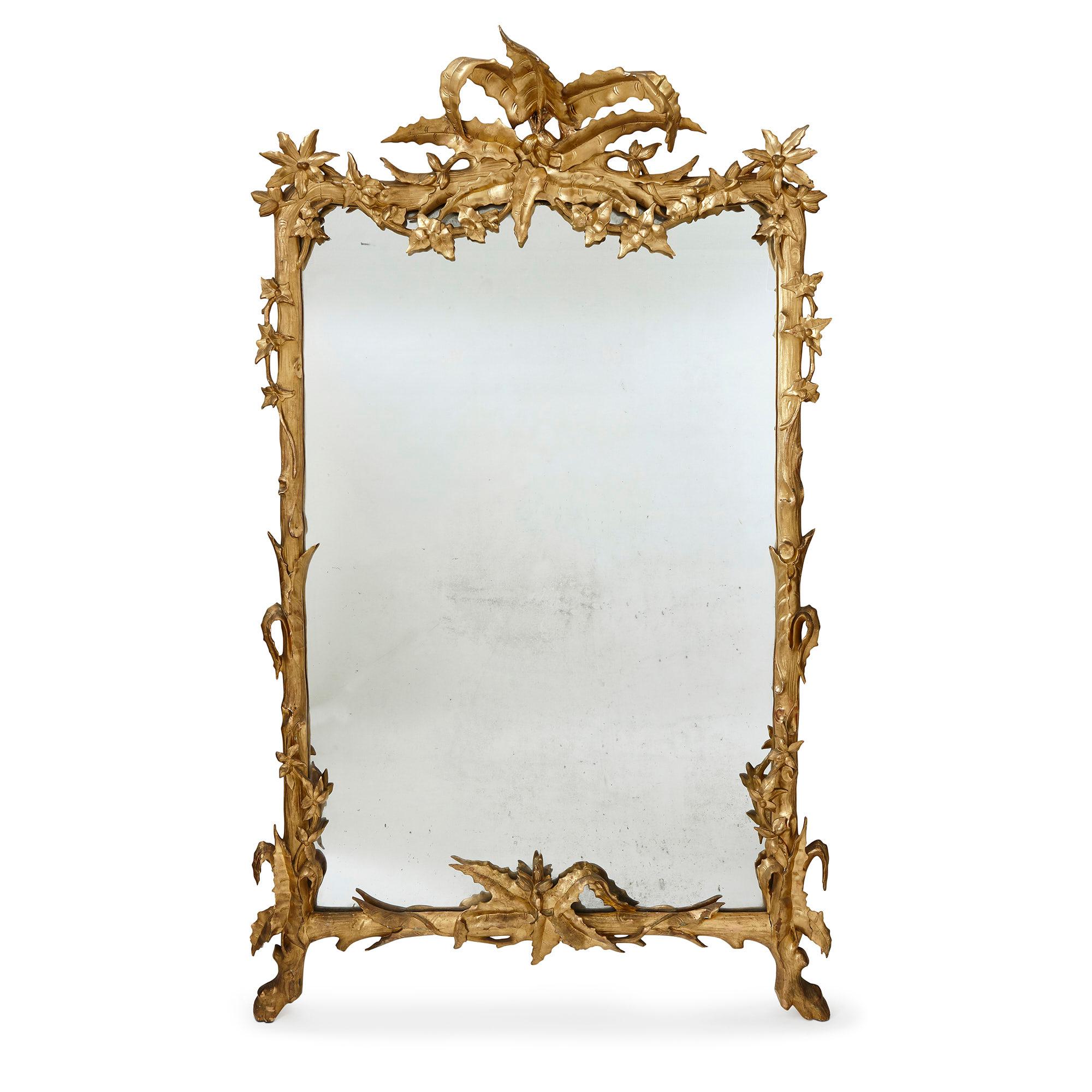 French Pair of Large Carved and Gilt Wood Floral Mirrors For Sale