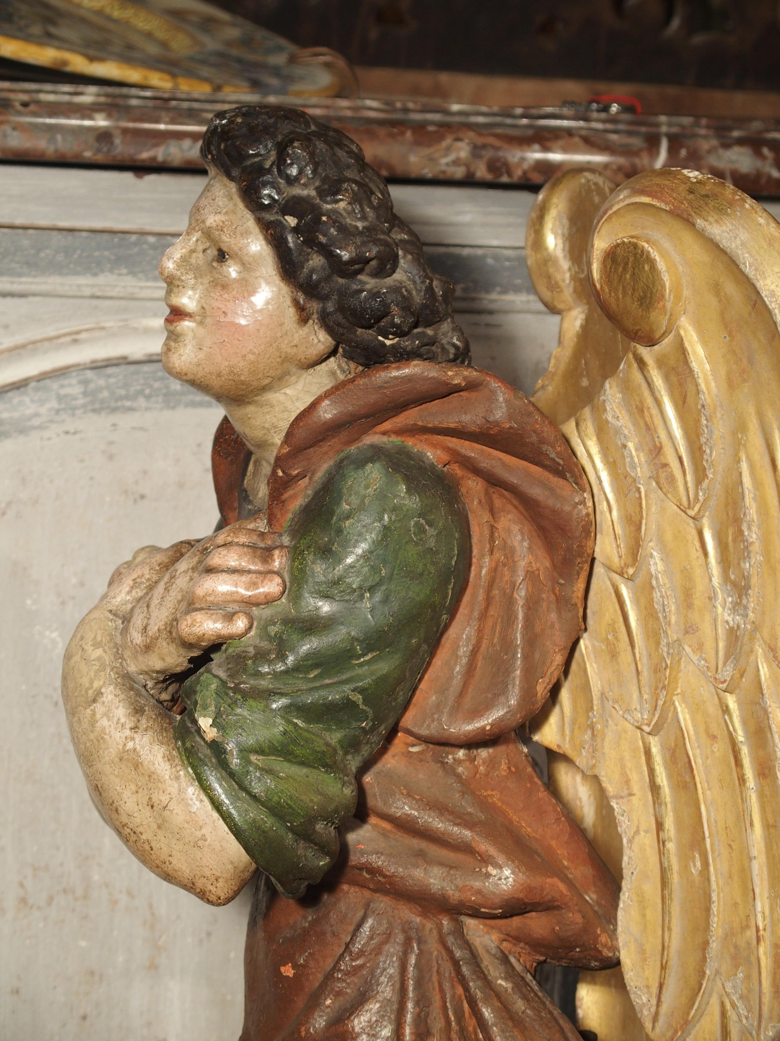 Pair of Large Carved and Painted 17th Century Angels from Italy 12