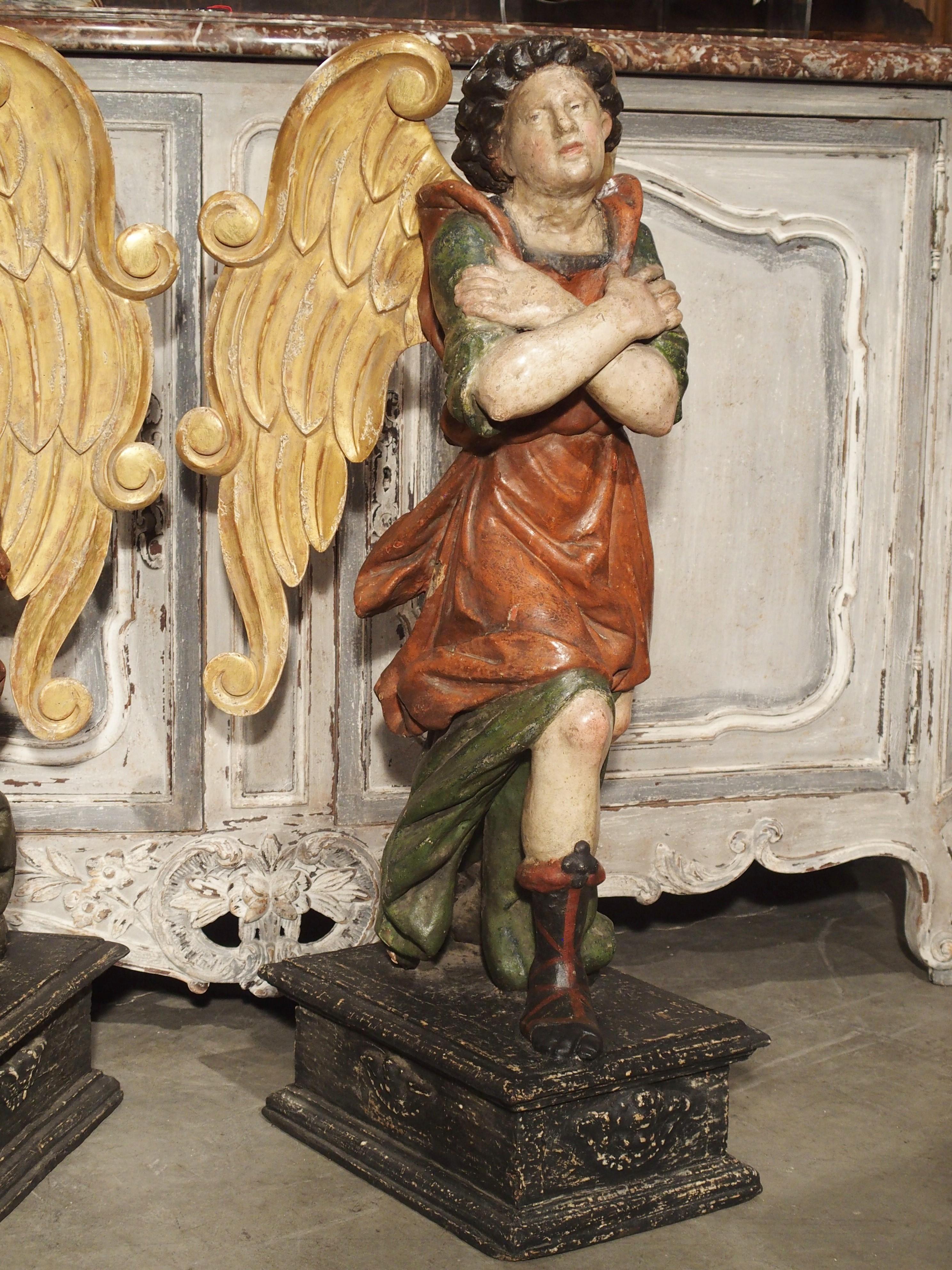 Pair of Large Carved and Painted 17th Century Angels from Italy 13