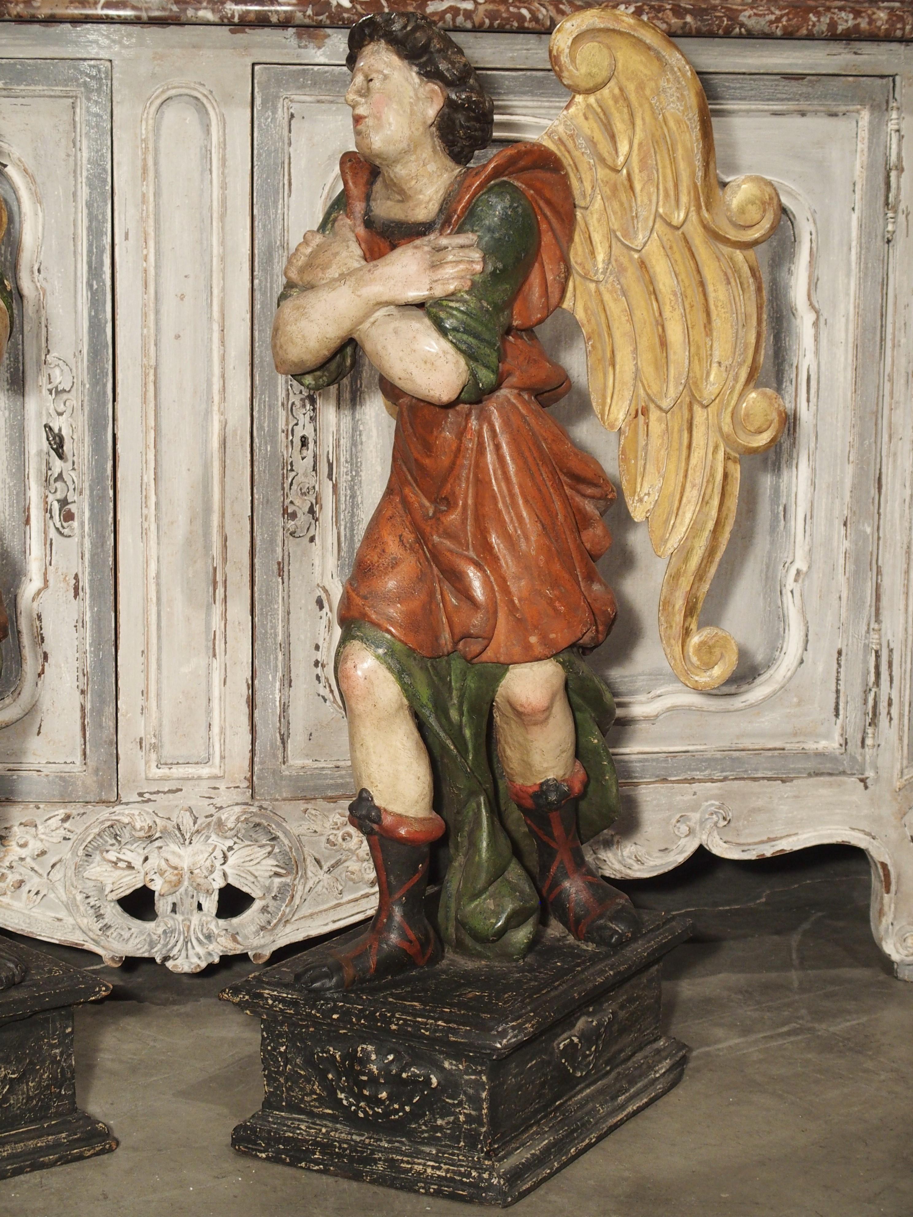 Italian Pair of Large Carved and Painted 17th Century Angels from Italy