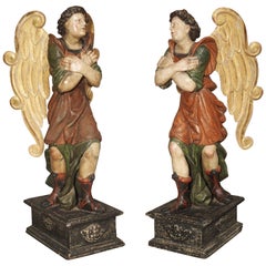 Pair of Large Carved and Painted 17th Century Angels from Italy