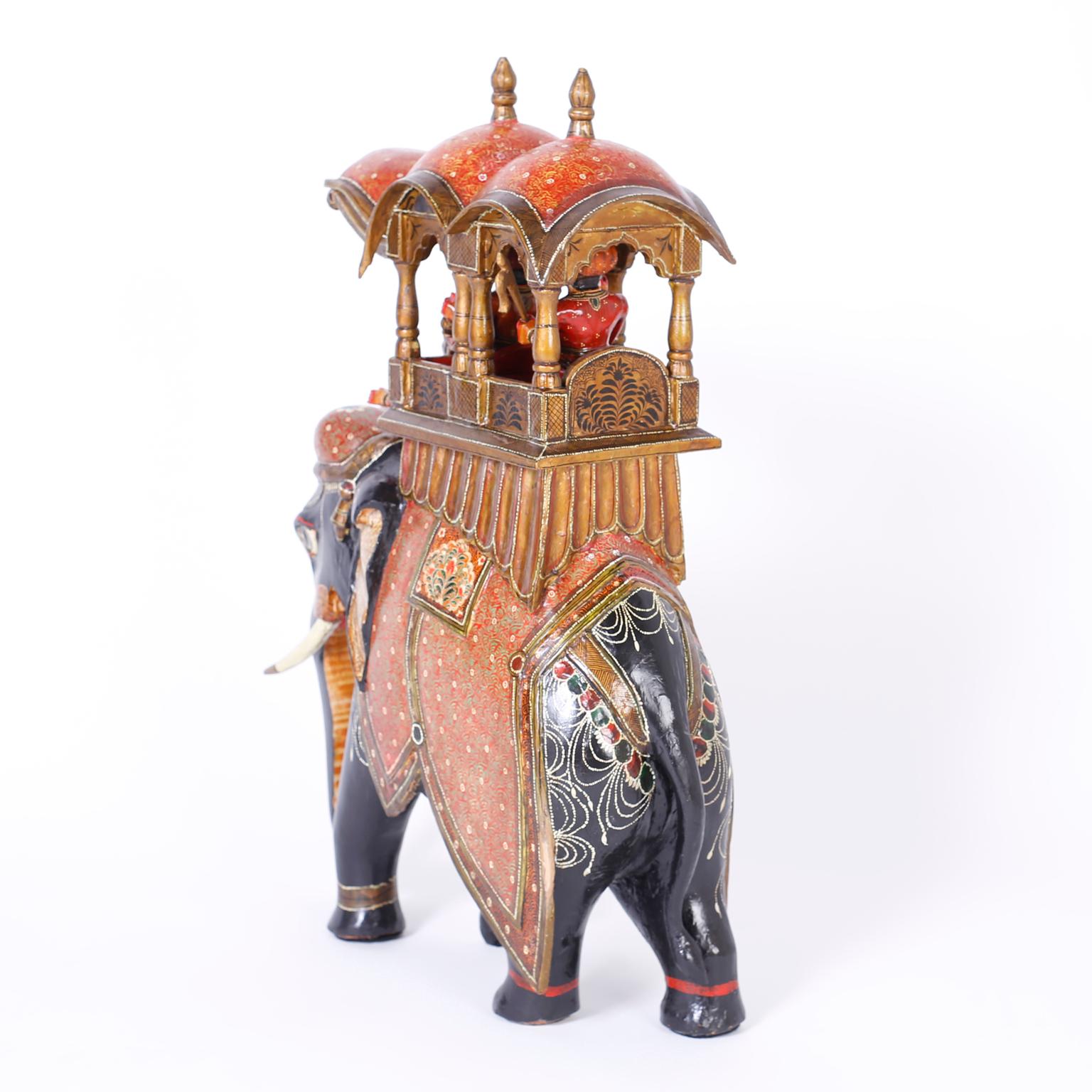 Indian Pair of Large Carved and Painted Elephants