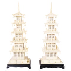 Pair of Large Carved Bone Pagodas