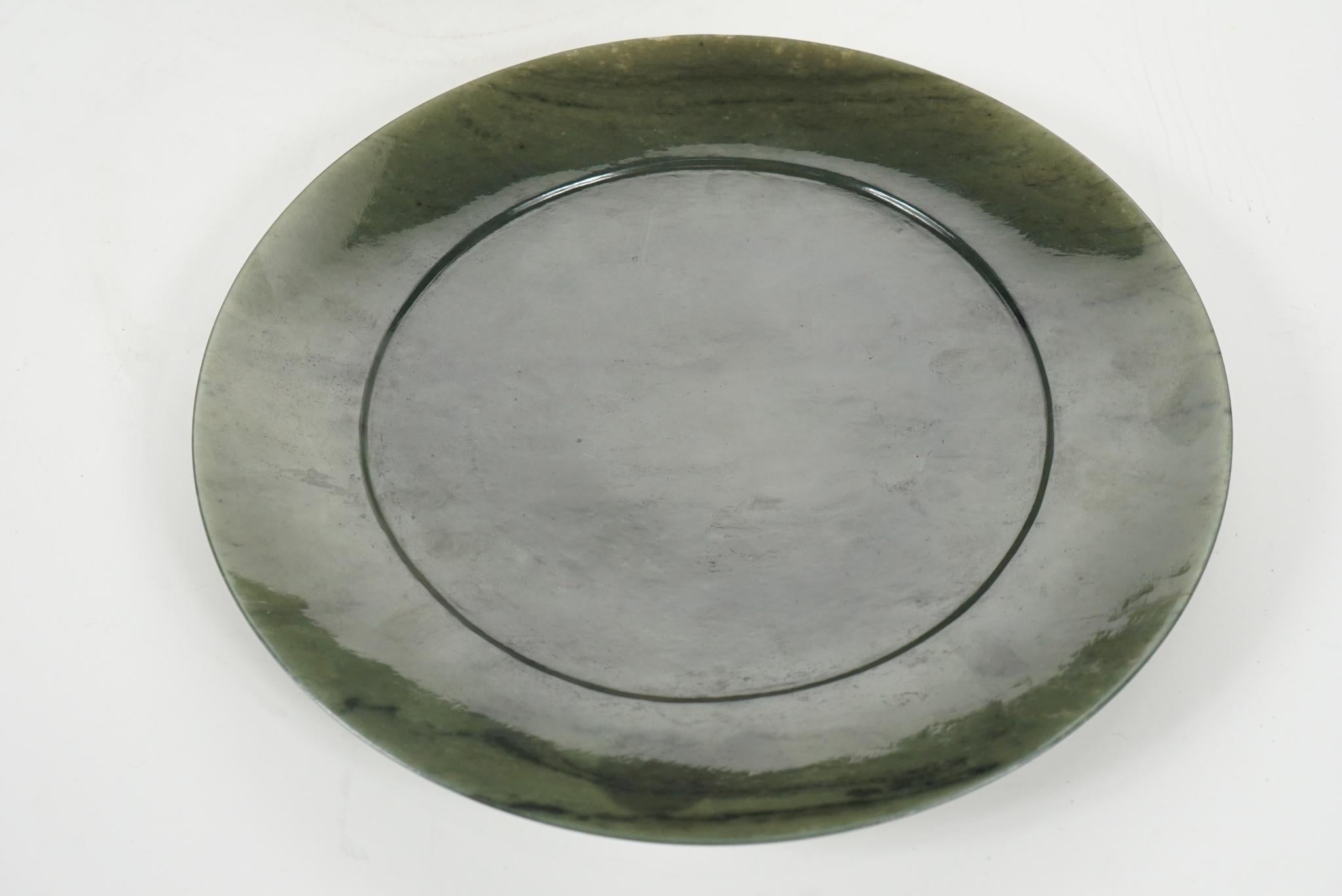 Contemporary Pair of Large Carved Chinese Jade Plates For Sale