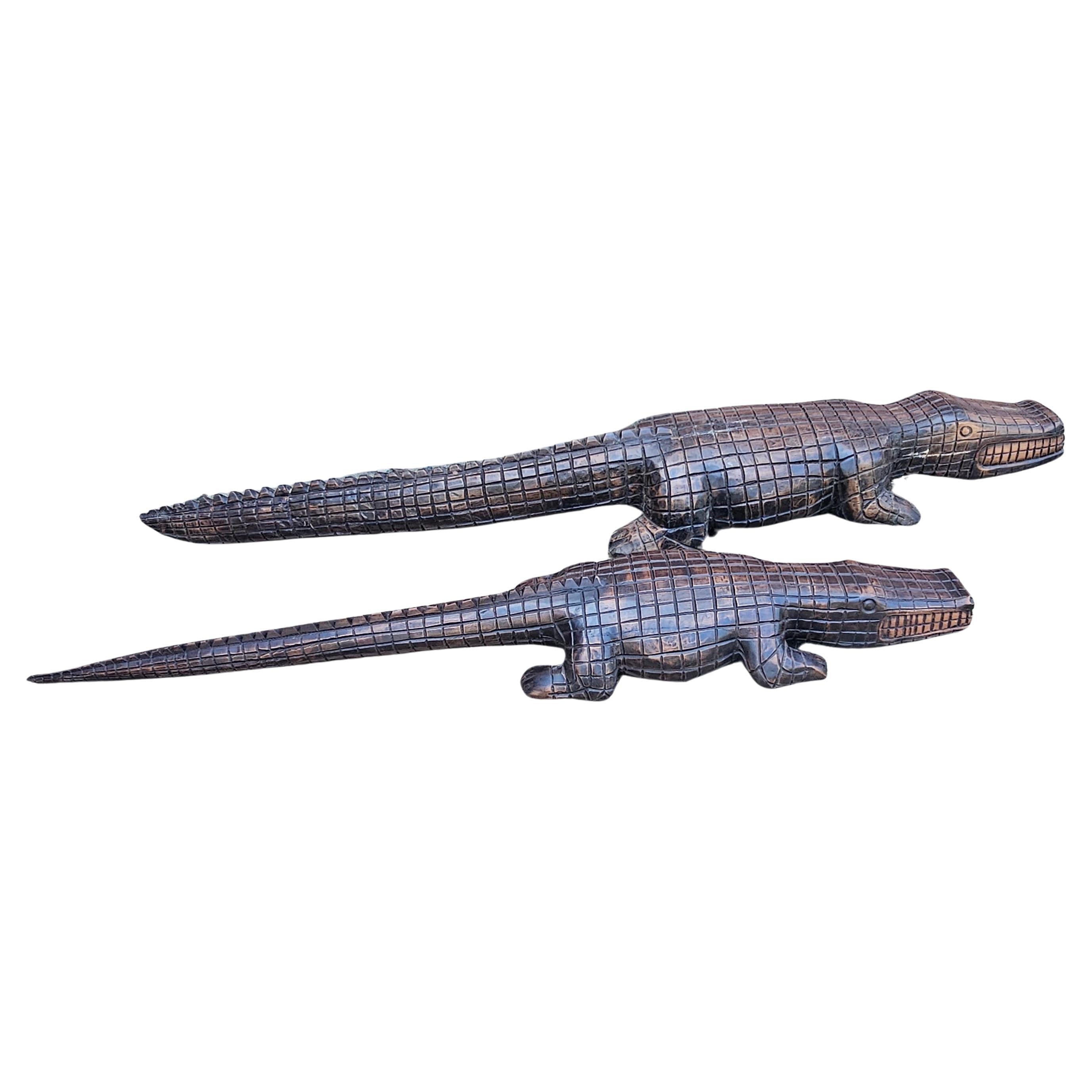 Pair of Large Carved Hard Wood Graduated Alligators by Racar