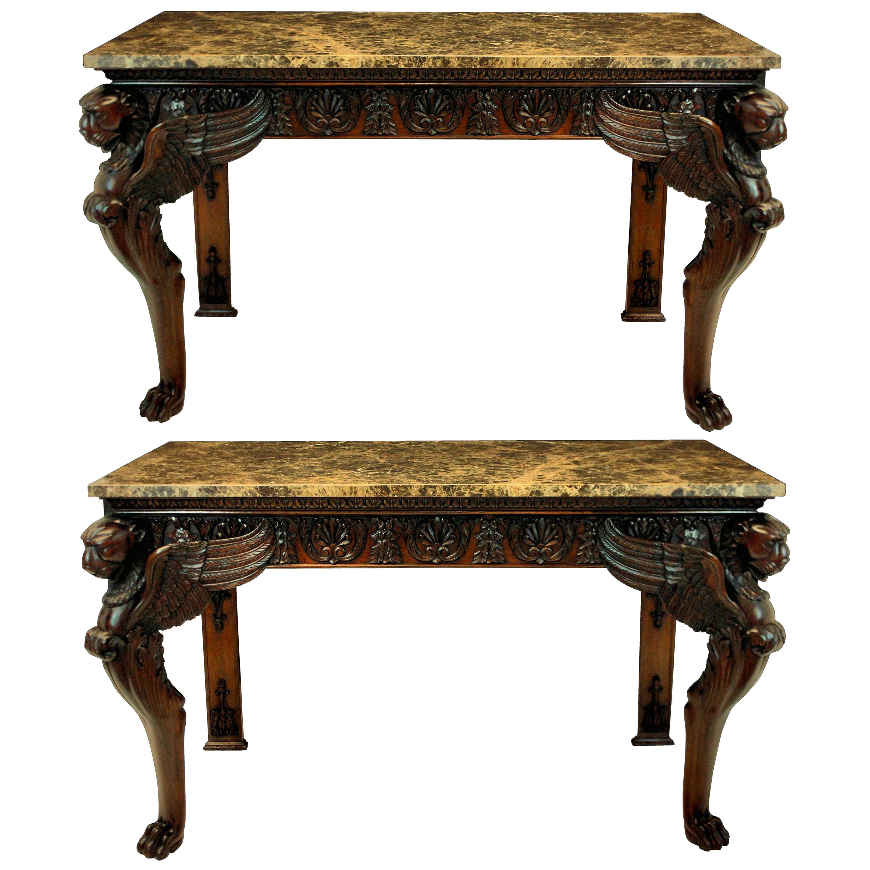Pair of Large Carved Mahogany Adam Revival Console Tables