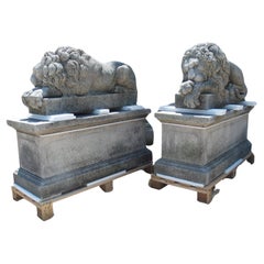 Pair of Large Carved Stone Lions on Pedestals, “The Sleeping and The Vigilant”