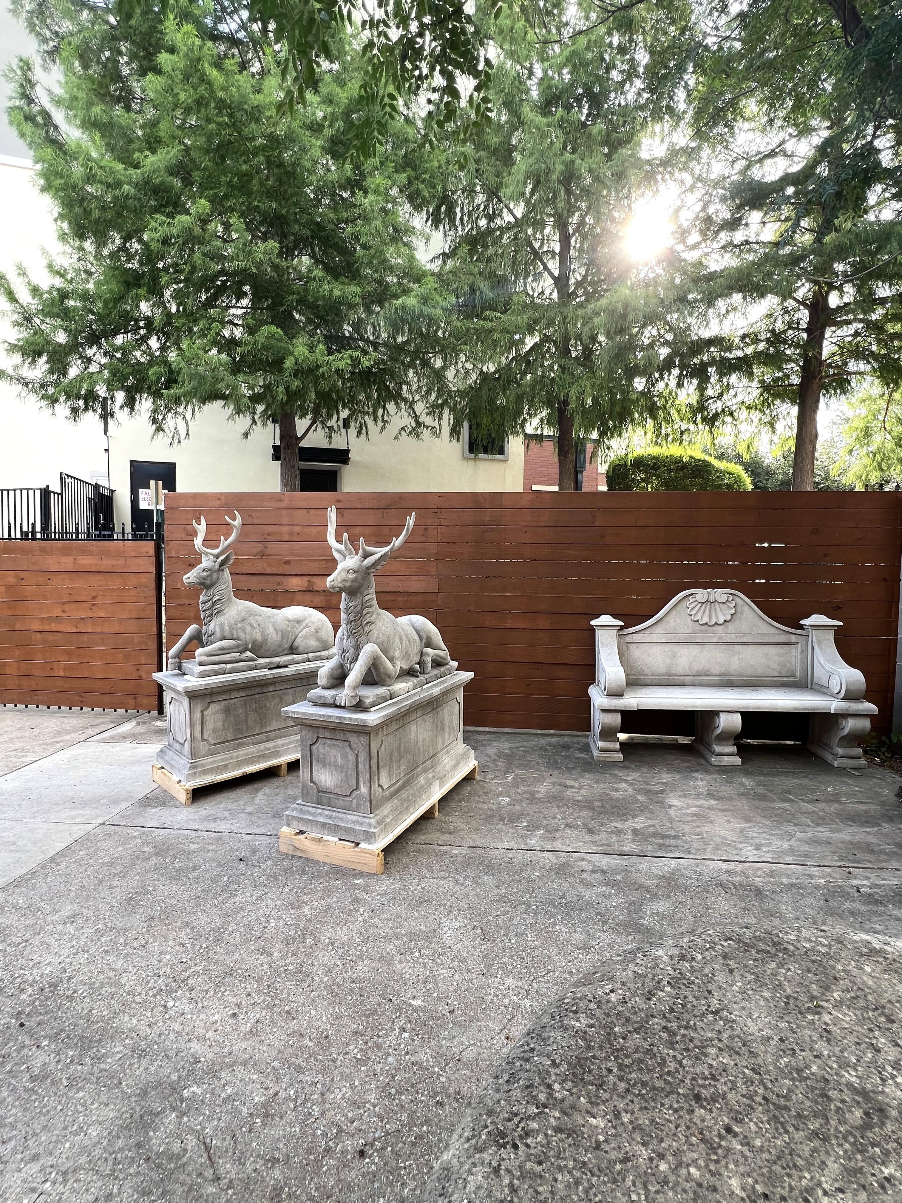 Italian Pair of Large Carved Stone Stags on Pedestals from Italy For Sale