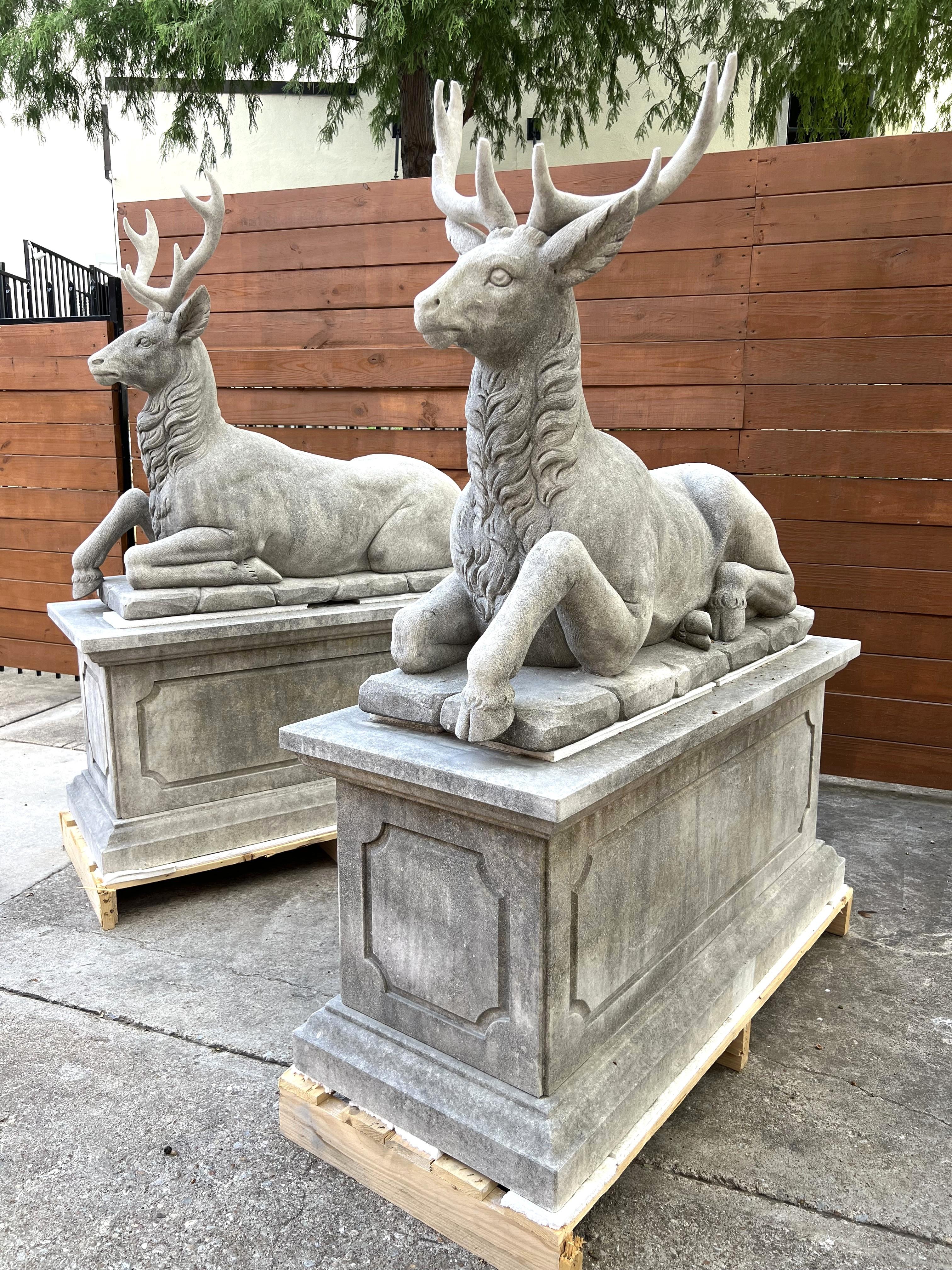 Hand-Carved Pair of Large Carved Stone Stags on Pedestals from Italy For Sale