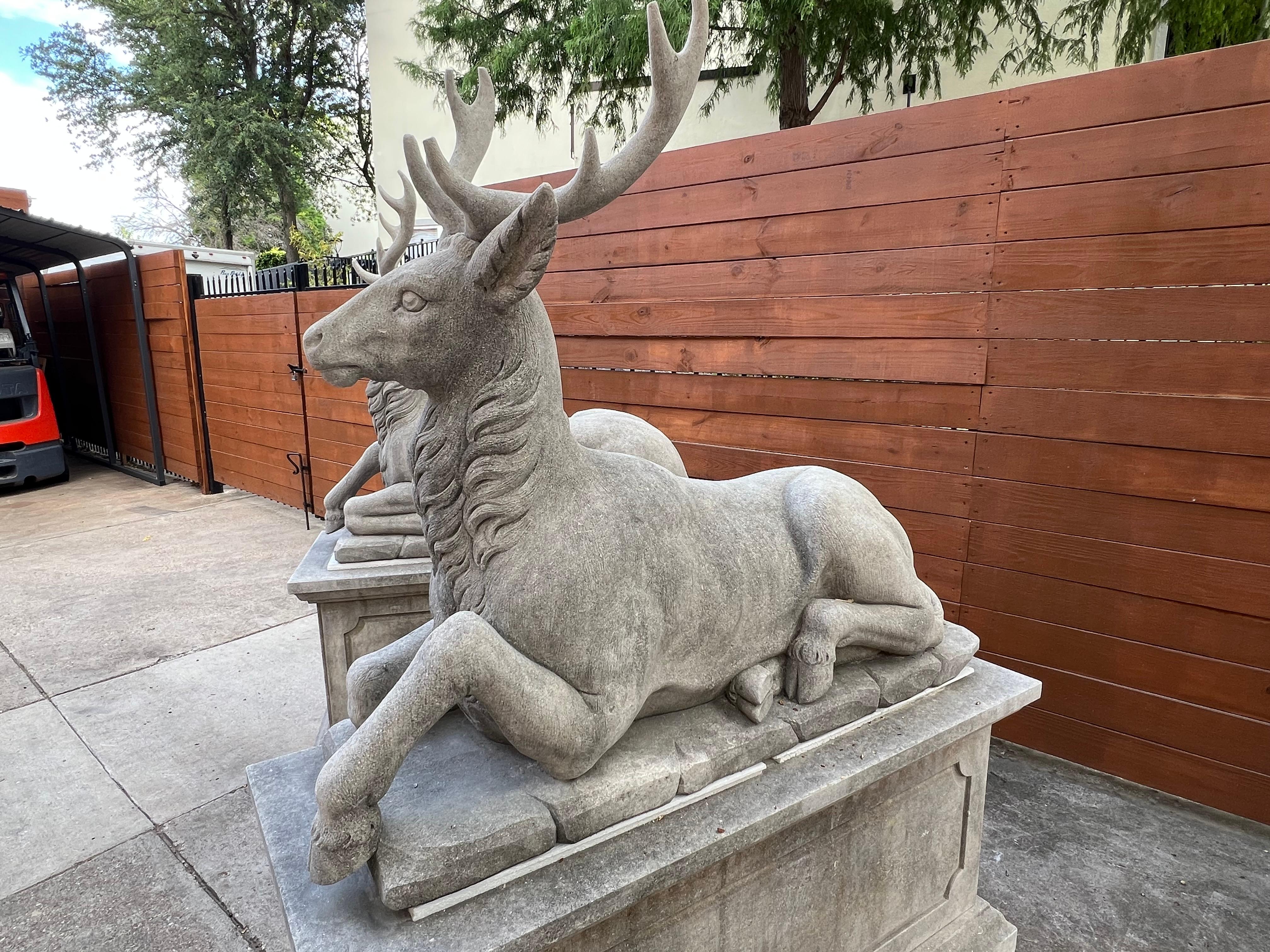 Pair of Large Carved Stone Stags on Pedestals from Italy In Good Condition For Sale In Dallas, TX
