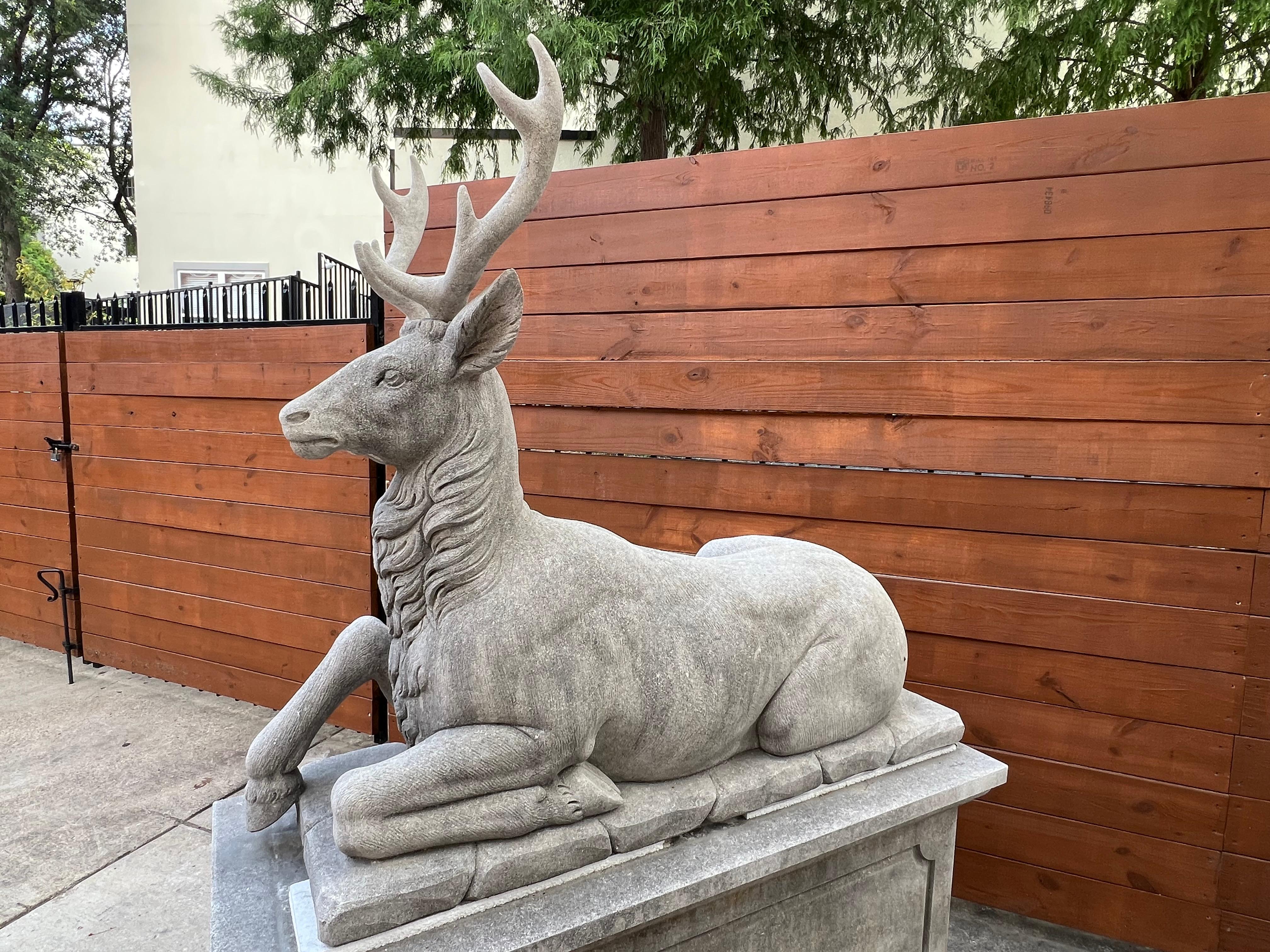 Contemporary Pair of Large Carved Stone Stags on Pedestals from Italy For Sale