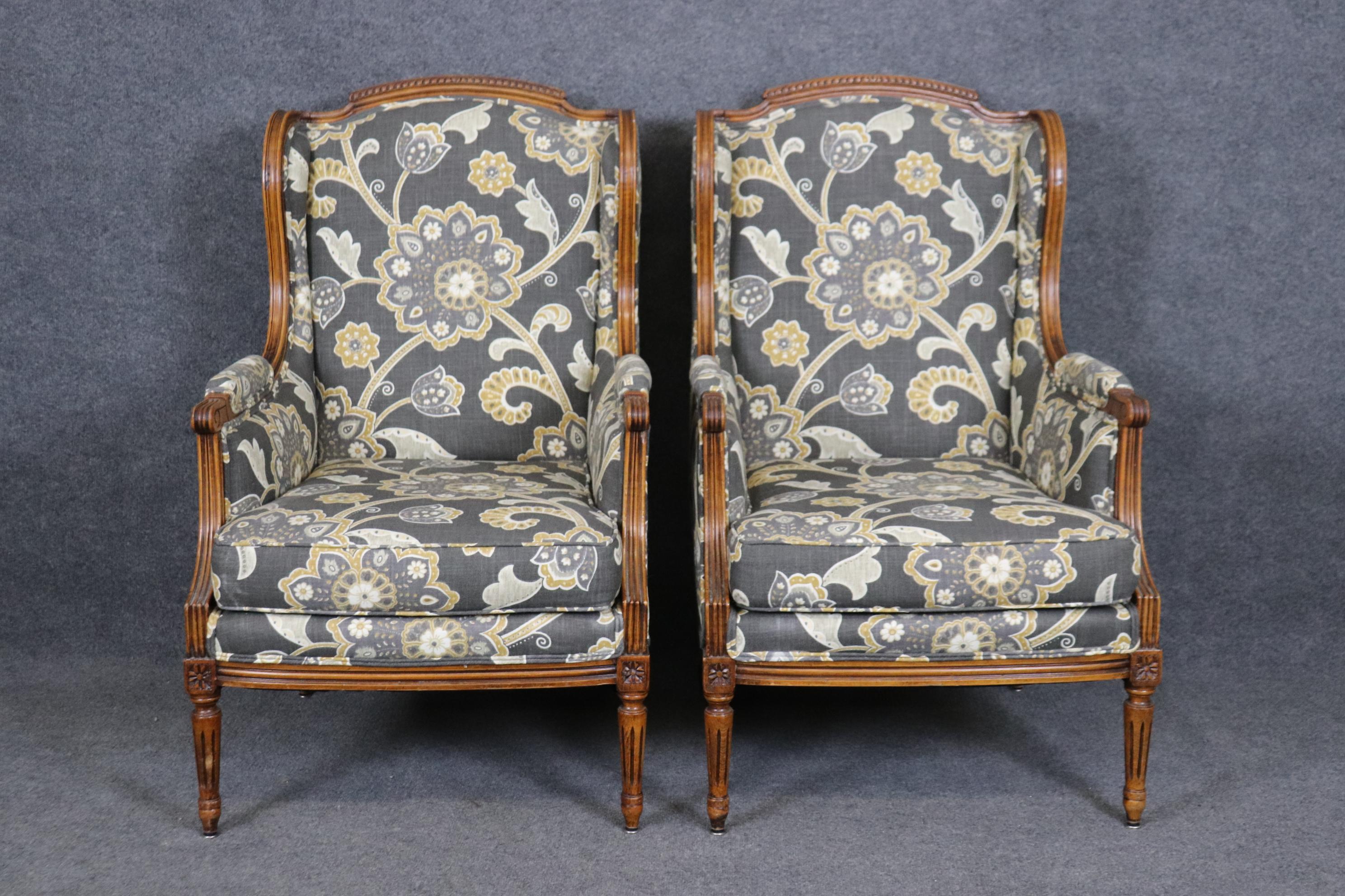 French Provincial Pair of Large Carved Walnut French Louis XV Bergere Chairs 