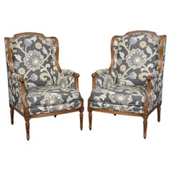 Retro Pair of Large Carved Walnut French Louis XV Bergere Chairs 