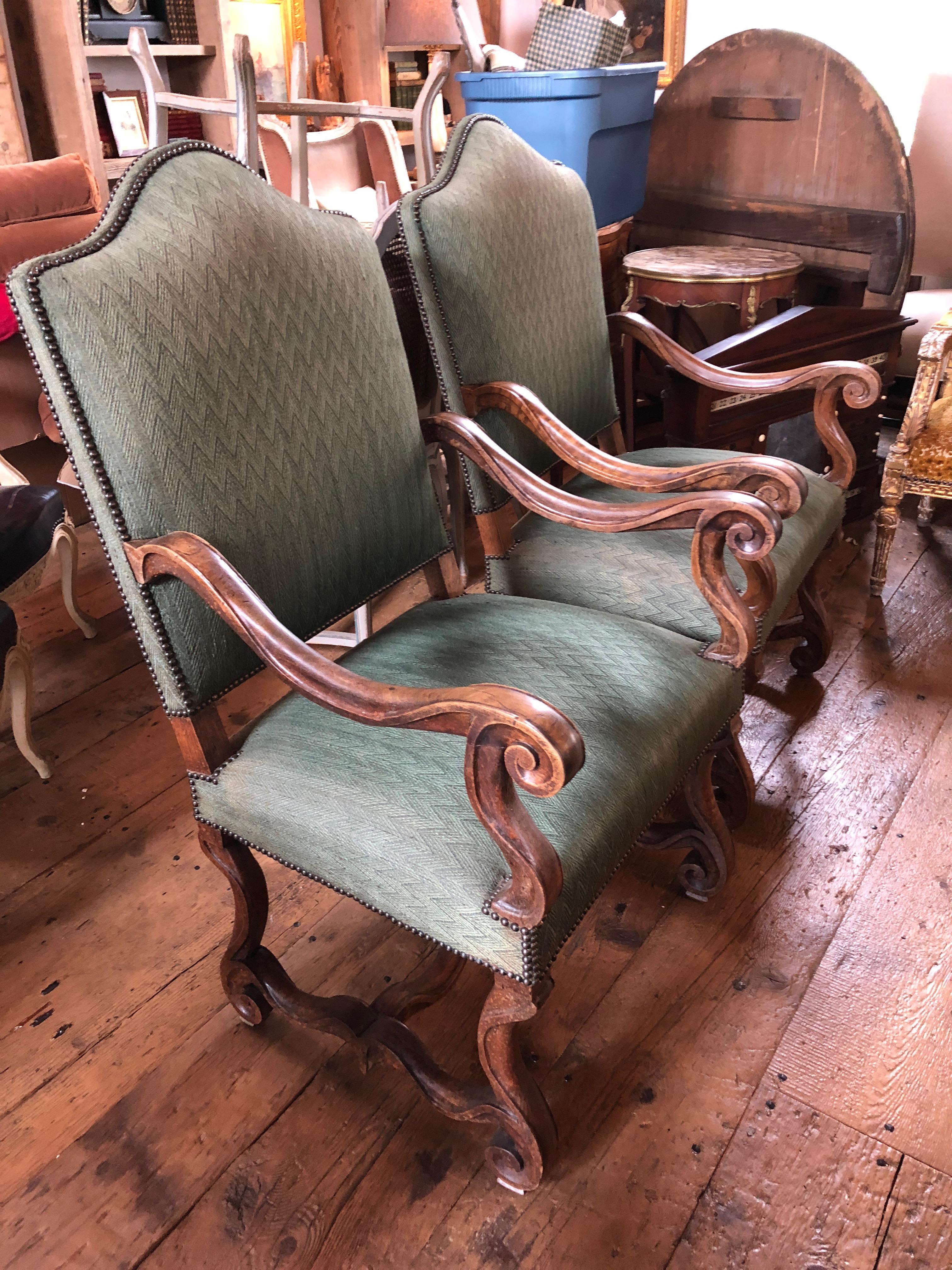 Pair of Large Carved Wood and Upholstered Throne Shaped Armchairs 6