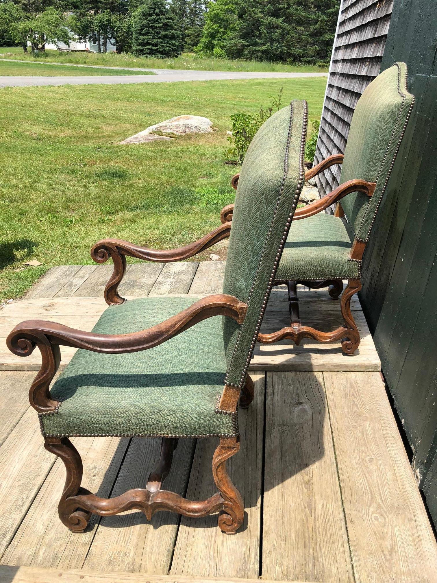 Pair of Large Carved Wood and Upholstered Throne Shaped Armchairs In Good Condition In Hopewell, NJ