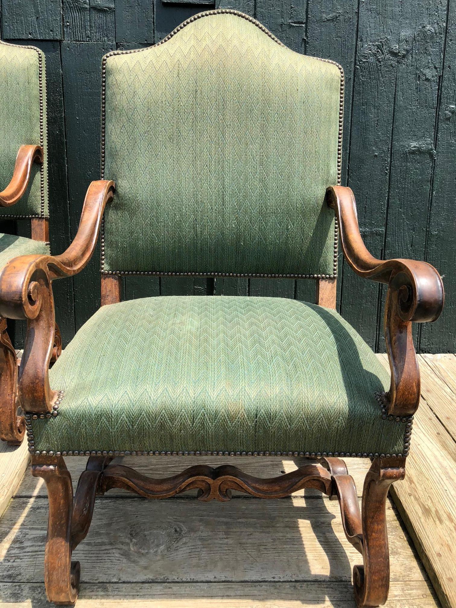 19th Century Pair of Large Carved Wood and Upholstered Throne Shaped Armchairs