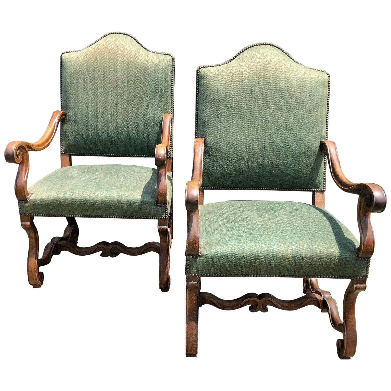 Pair of Large Carved Wood and Upholstered Throne Shaped Armchairs